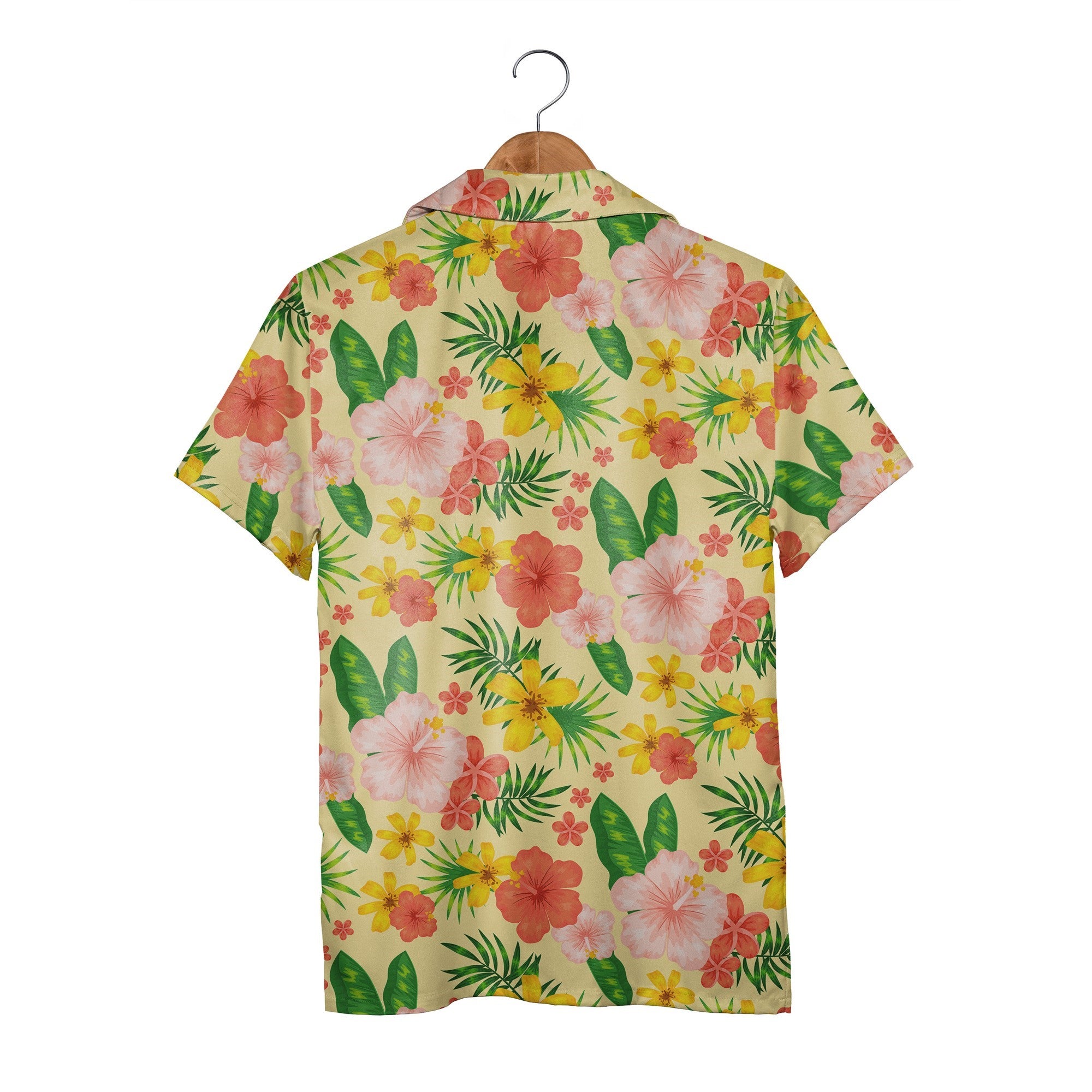 Hibiscus Garden Golden Hawaiian Shirt with Coral Blooms and Palm Fronds