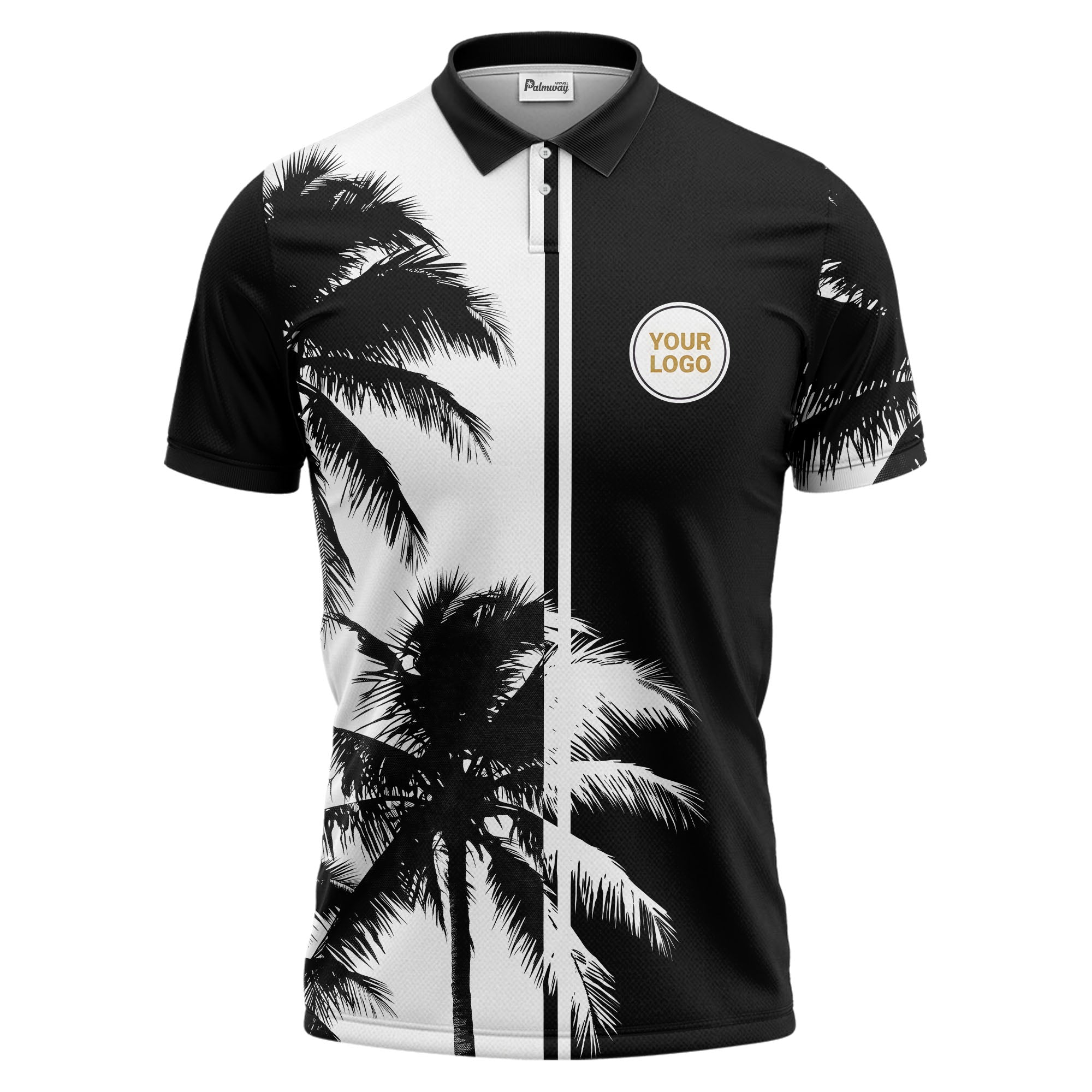 illustrated navy tropical palm trees repeating pattern polo shirt for summer vacation