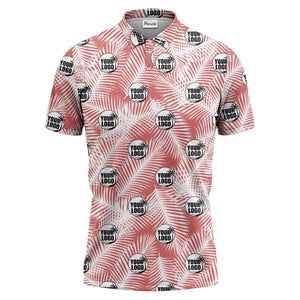 illustrated palm leaf logo repeating tropical polo shirt for men