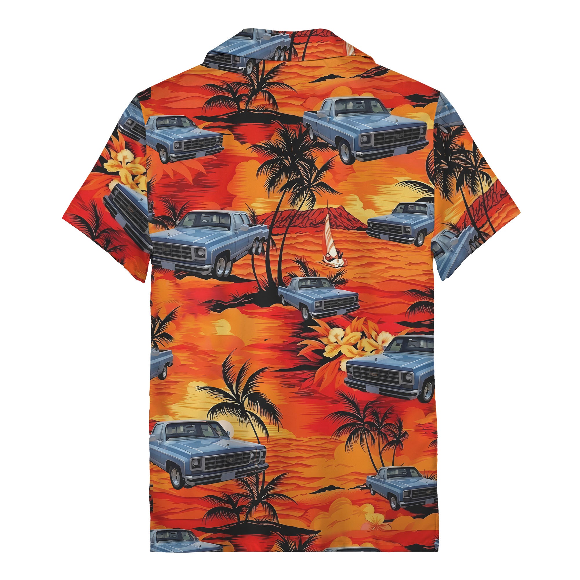 illustrated pickup trucks cruising palms tropical hawaiian shirt for men