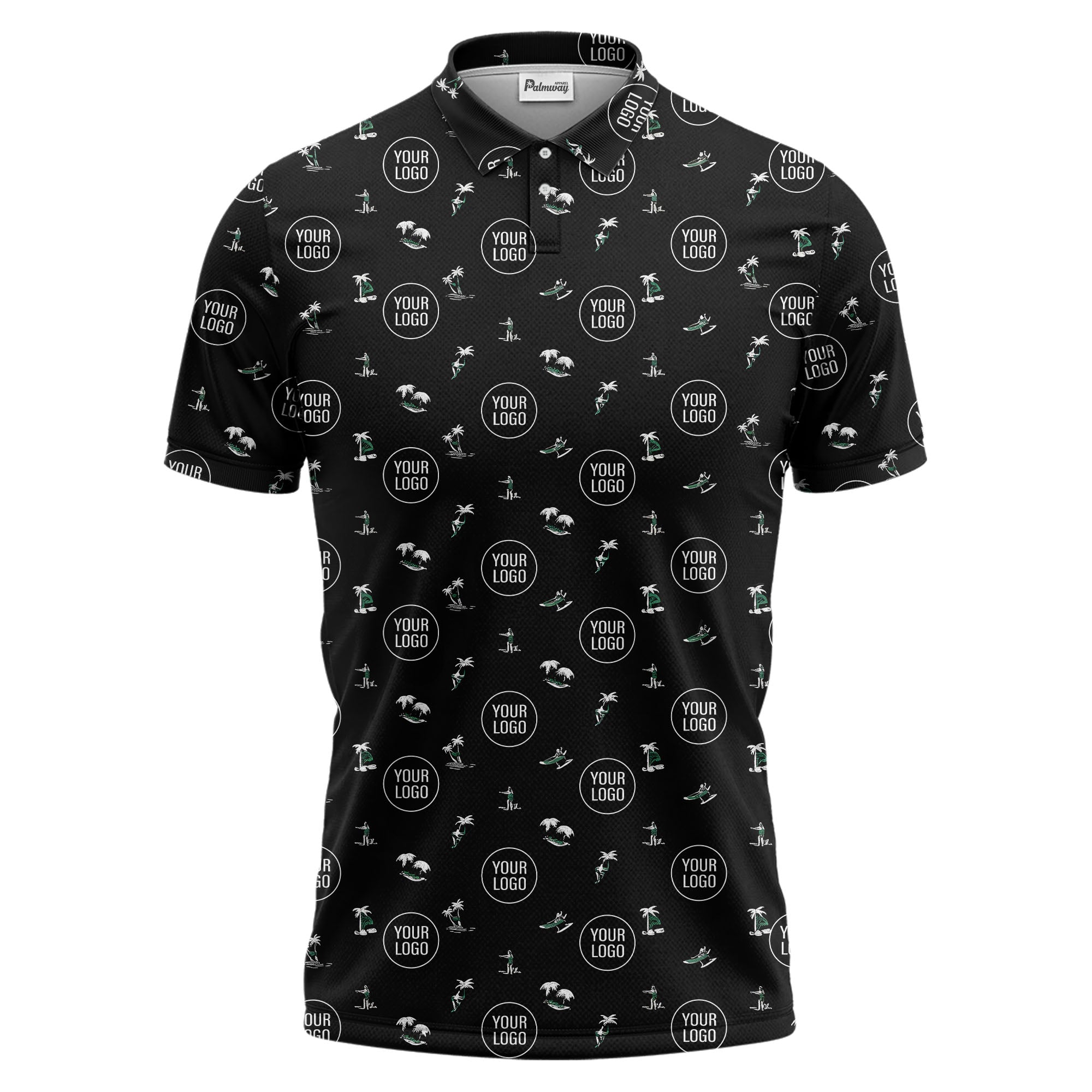 illustrated purple tropical island palm trees surfboards polo shirt for men