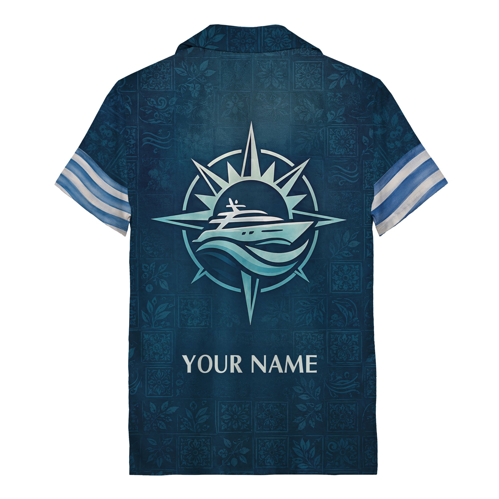 illustrated sailboat sunset & coastal village waves hawaiian shirt