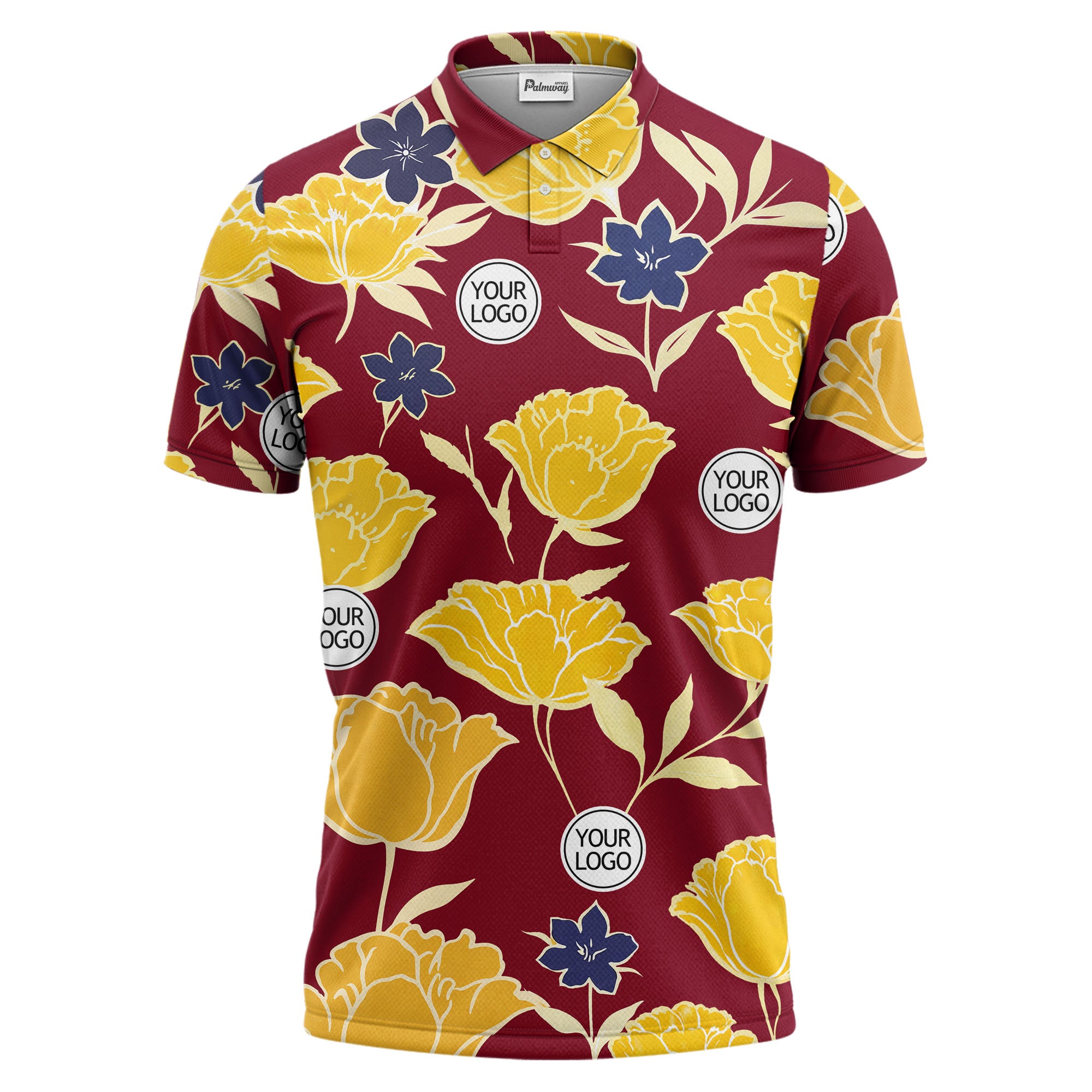 illustrated tropical floral vacation polo shirt splashed with hibiscus leaves