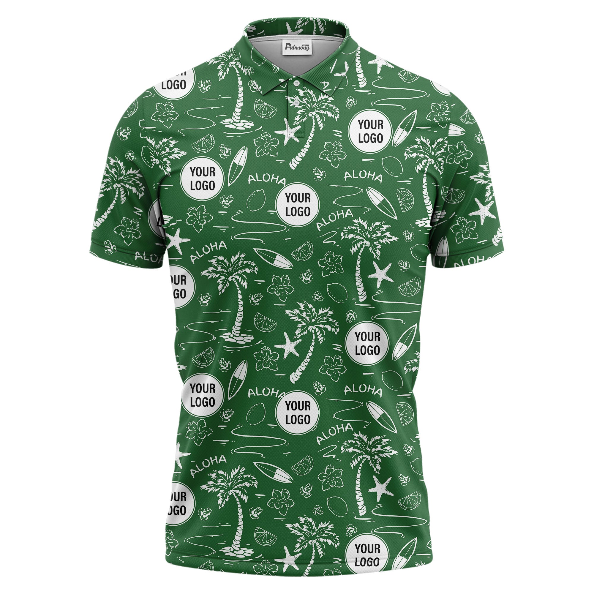 illustrated tropical palm surfboard aloha polo shirt for summer beach vacations