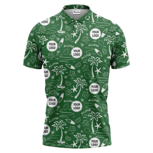 illustrated tropical palm surfboard aloha polo shirt for summer beach vacations