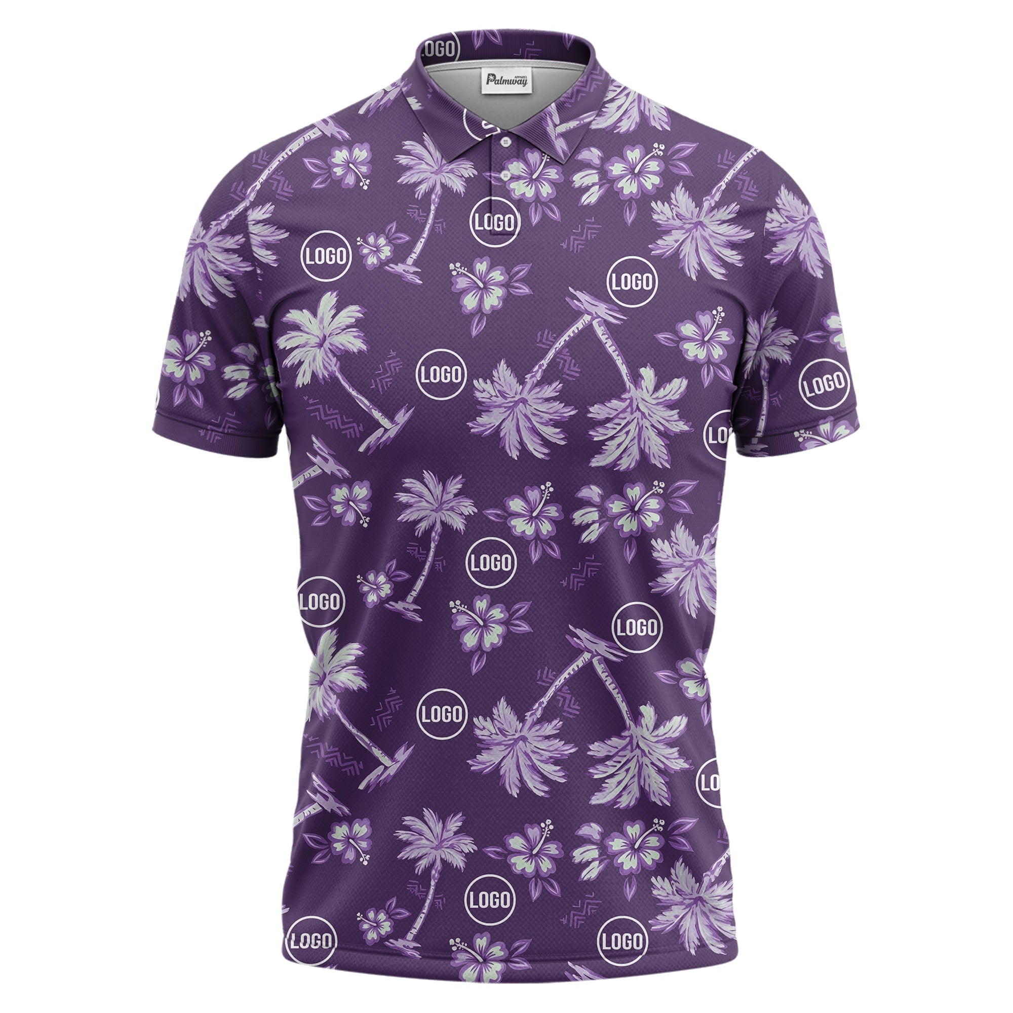 illustrated tropical paradise palm tree and floral polo shirt for men