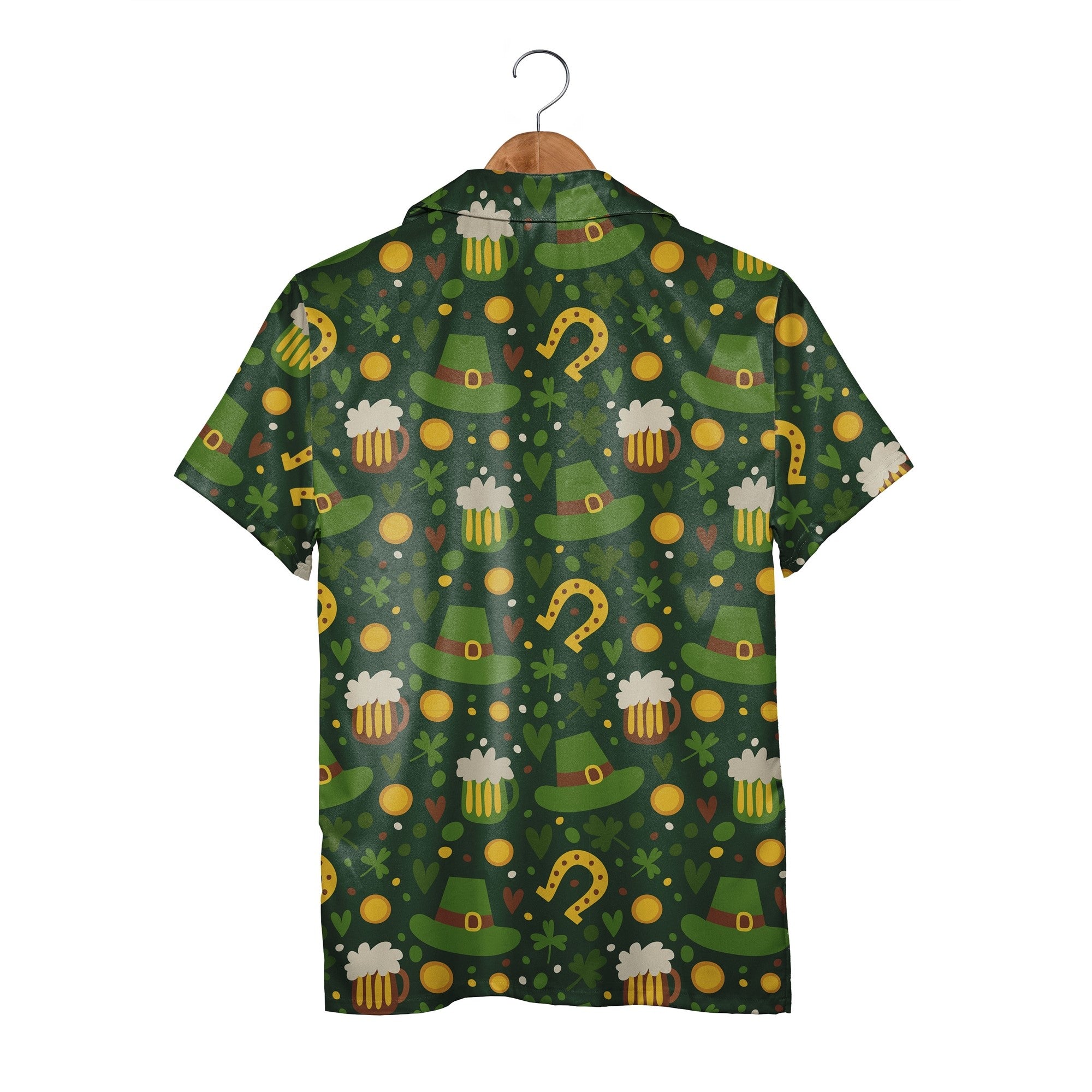Irish Pub Hawaiian Shirt with Beer Mugs Horseshoes and Four-Leaf Clovers