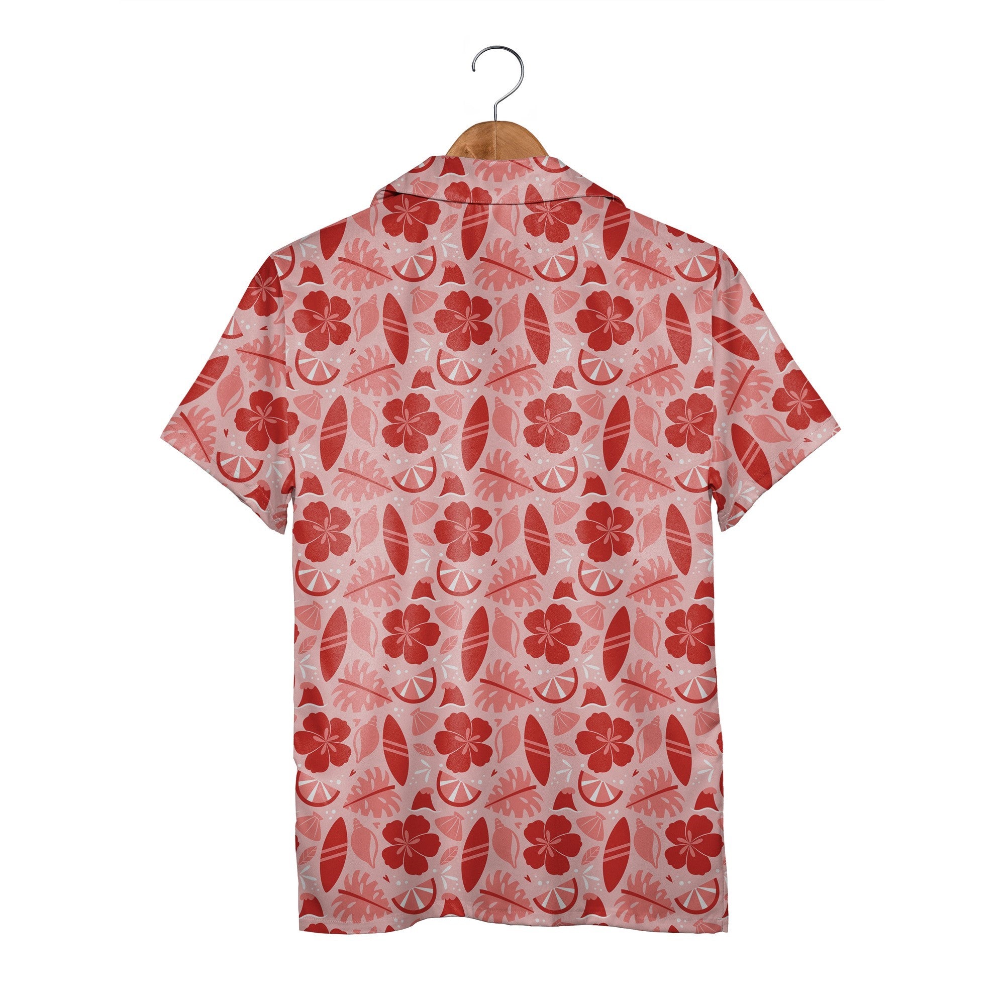 Island Romance Hawaiian Shirt with Surfboards Shells and Volcanoes