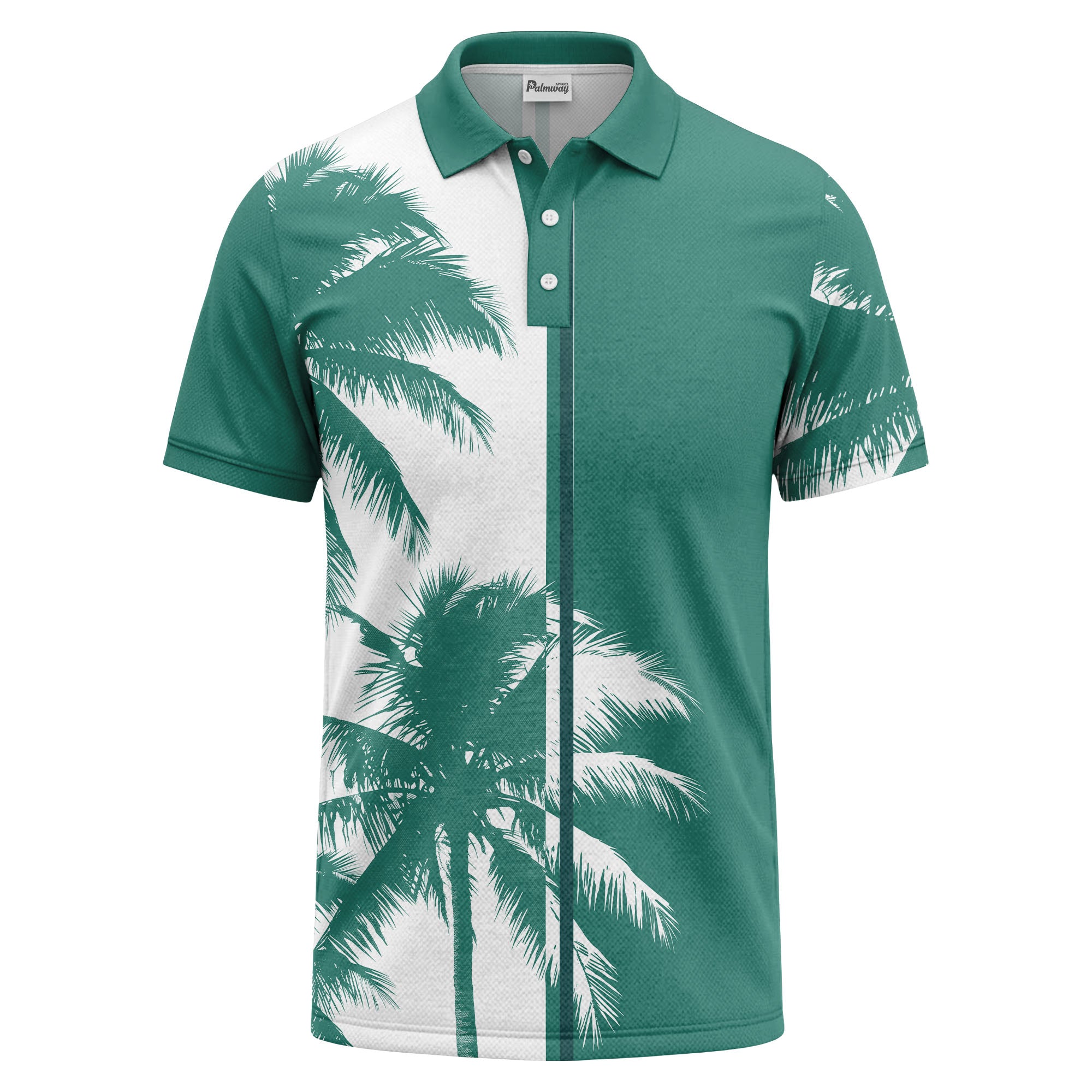 Illustrated Navy Tropical Palm Trees Repeating Pattern Polo Shirt For Summer Vacation