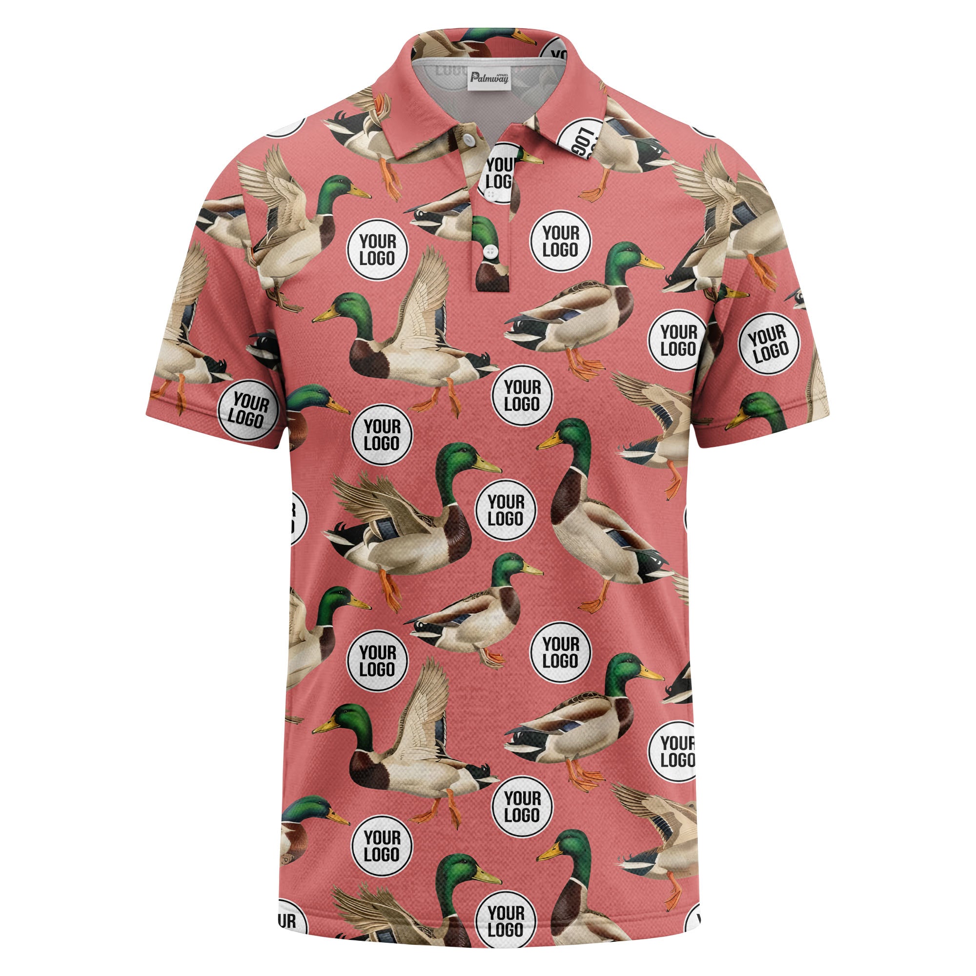 mallard duck flock & custom logo repeat photorealistic polo shirt