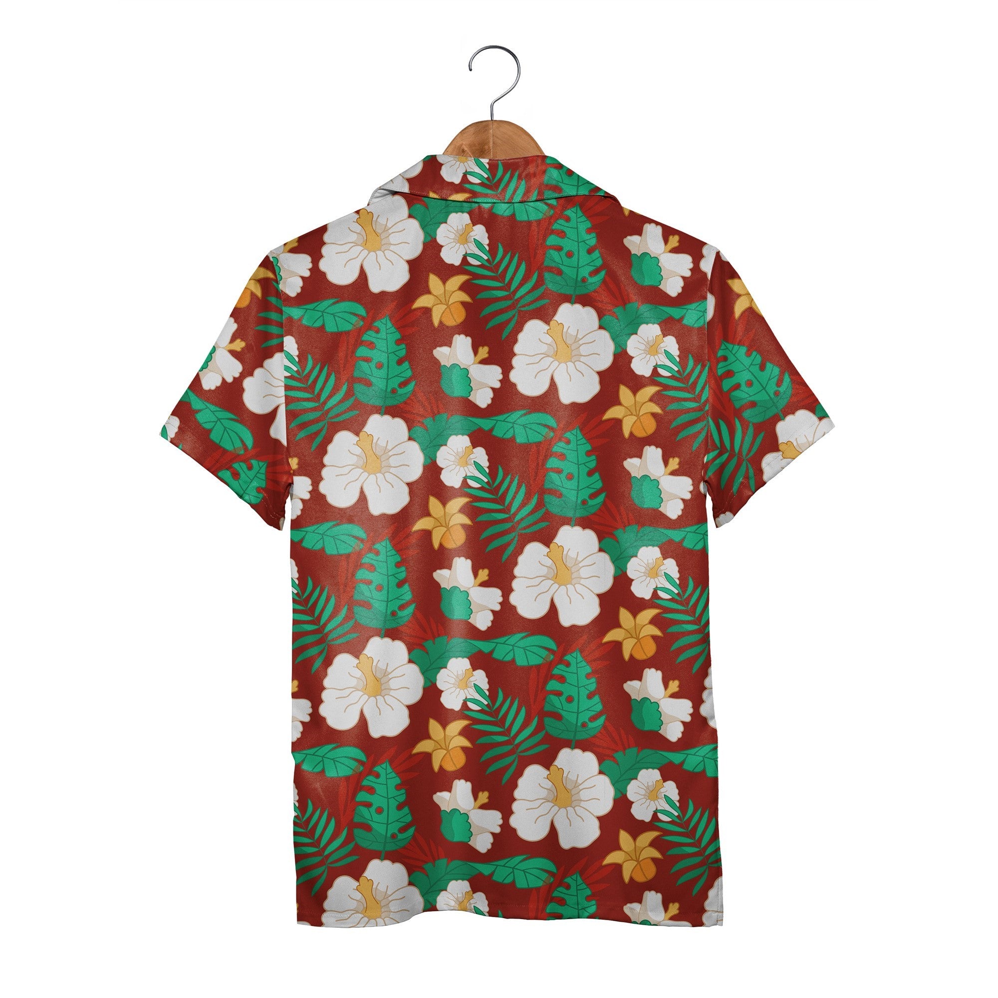 Maroon Paradise Hawaiian Shirt with White Hibiscus and Golden Plumeria