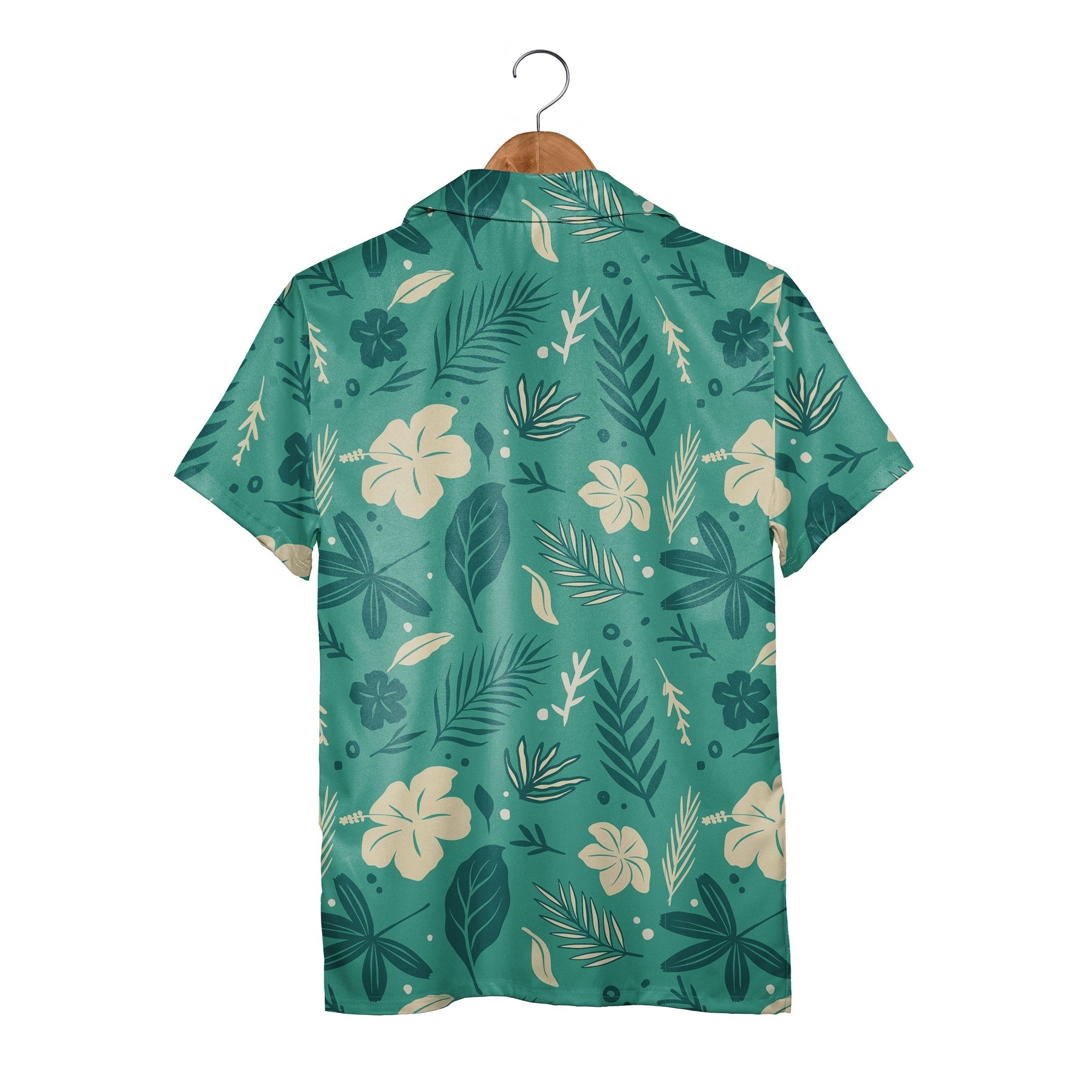 Medium Teal Hawaiian Shirt with Cream Hibiscus Plumeria and Palm Fronds