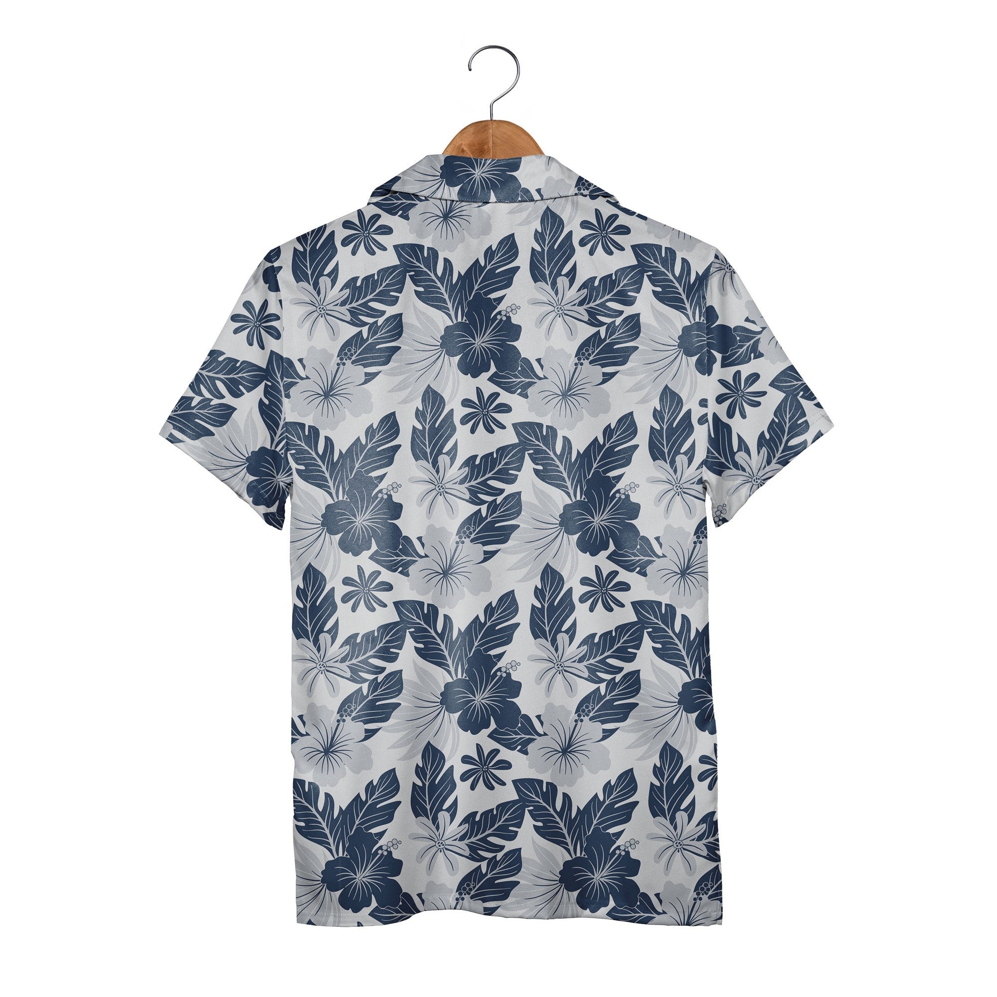 Midnight Garden Hawaiian Shirt with Indigo Hibiscus on Crisp White