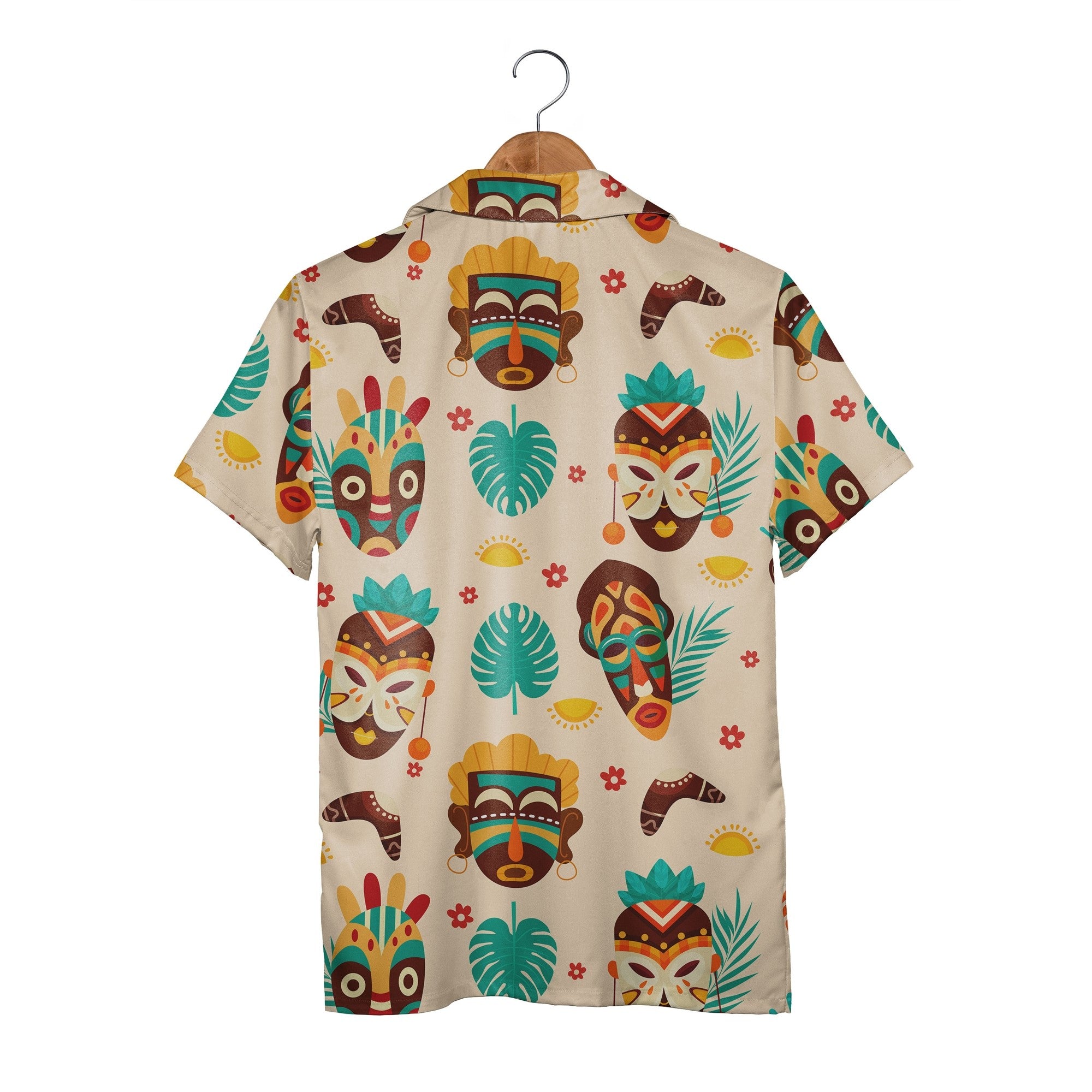 Modern Tiki Hawaiian Shirt with Monstera and Boomerangs on Beige