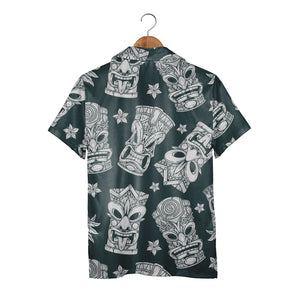 Monochrome Engraving Style Tiki Hawaiian Shirt on Dark Teal