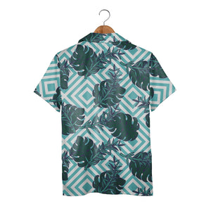 Monstera Leaf Hawaiian Shirt on Aqua White Diagonal Stripes
