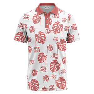 monstera leaves & custom logo repeat black white hawaiian polo shirt