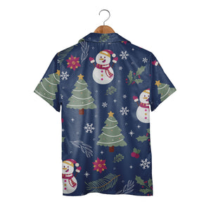 Navy Blue Snowman Holiday Hawaiian Shirt with Poinsettia Holly Pattern