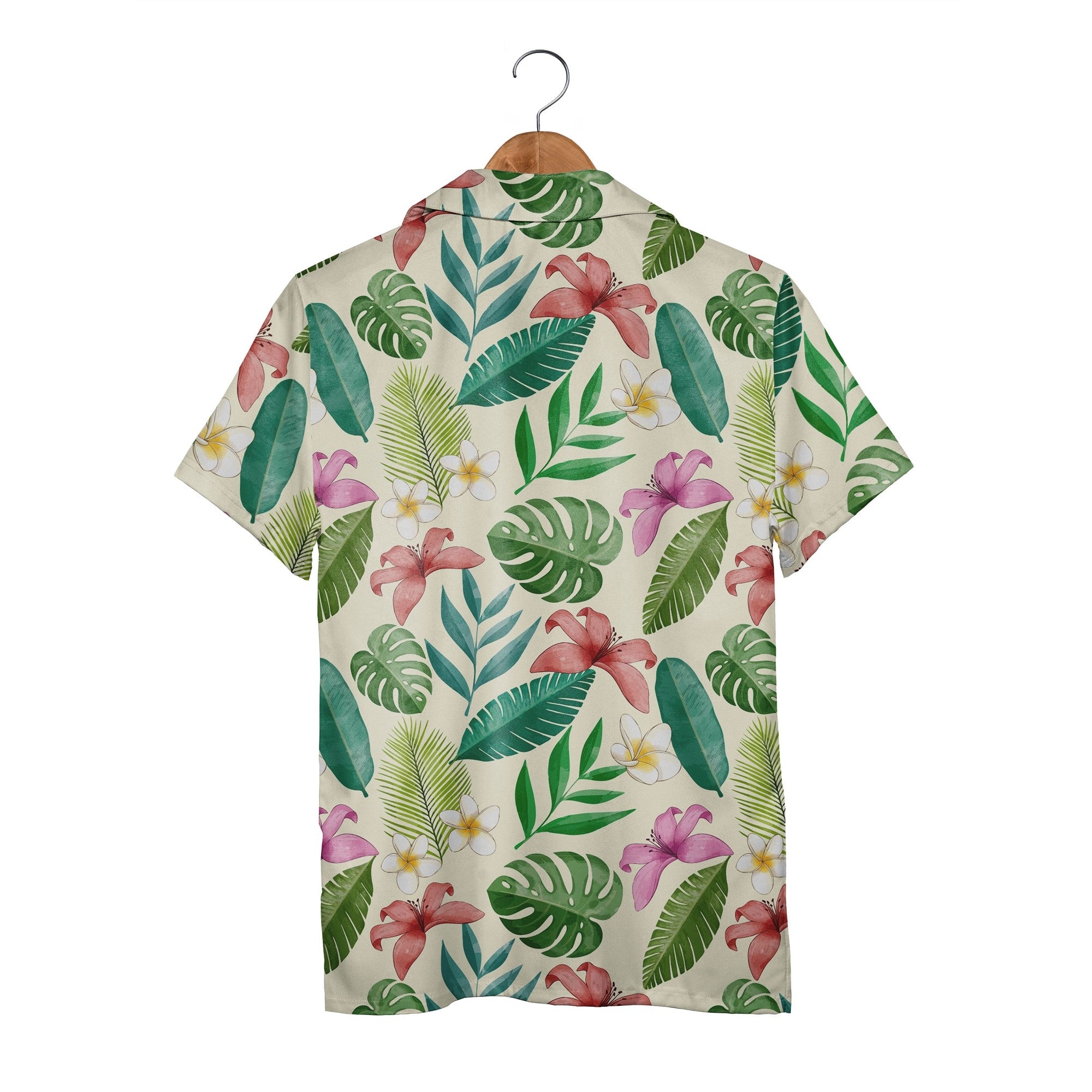 Pale Aqua Blue Watercolor Plumeria Hawaiian Shirt with Ranunculus and Palm