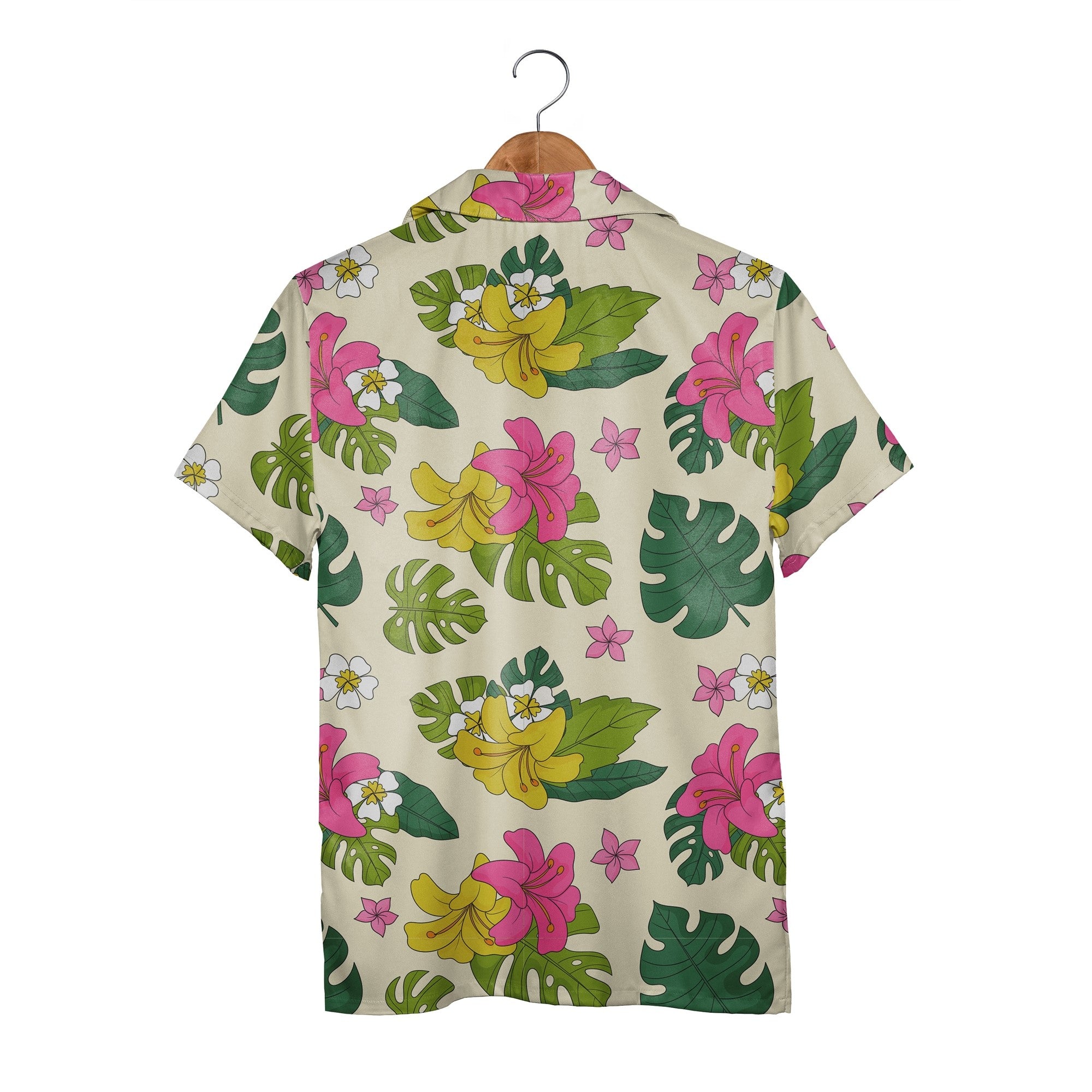 Pale Beige Hand-Drawn Monstera Hawaiian Shirt with Large Yellow Pink Flowers