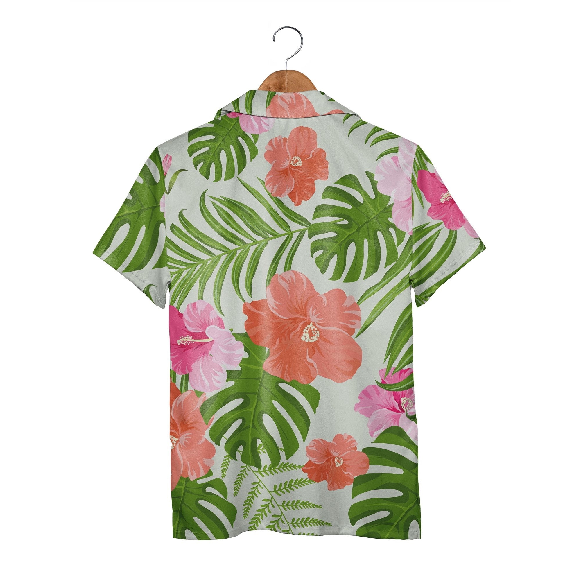 Pale Mint Green Hibiscus Monstera Hawaiian Shirt with Fern and Palm Fronds