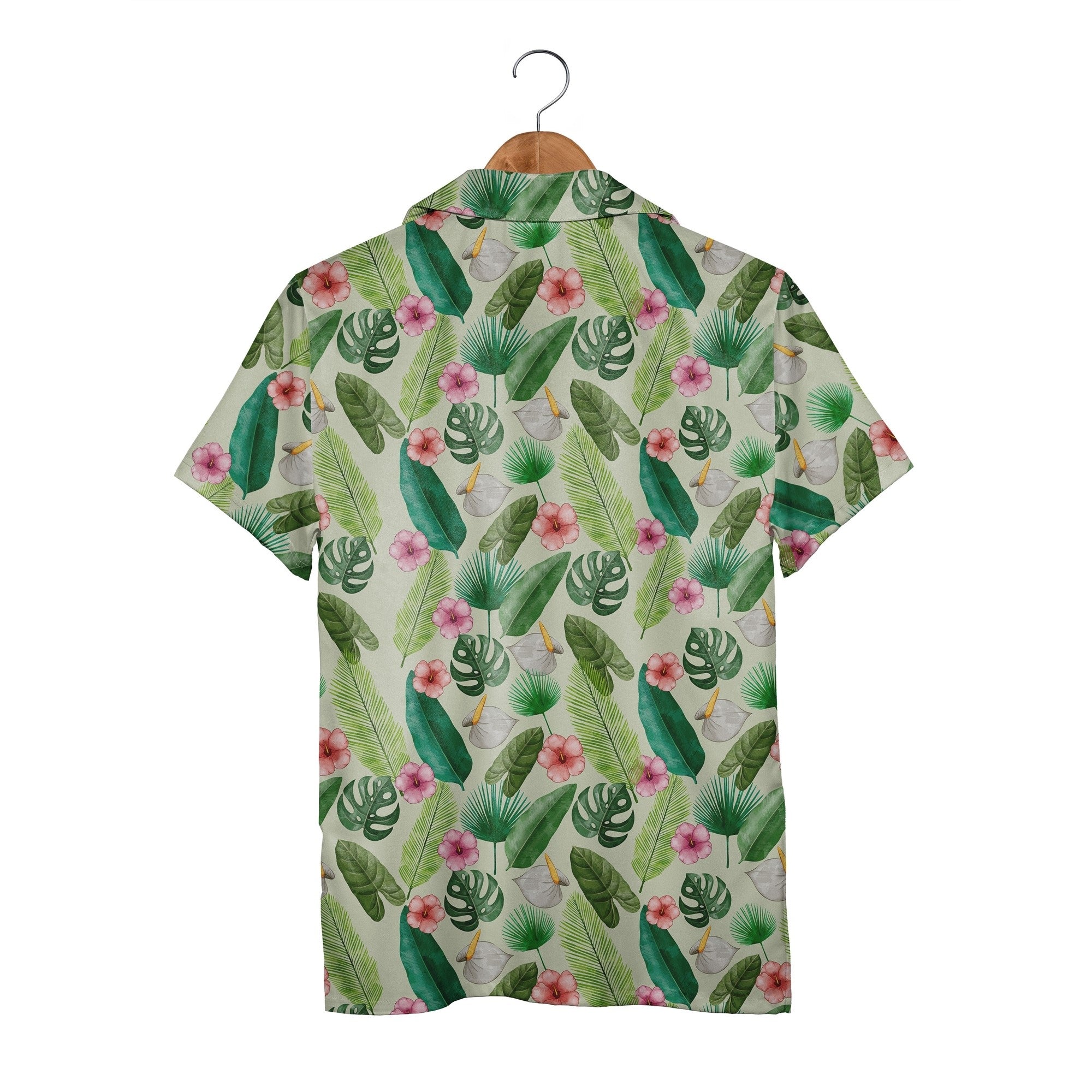 Pale Sage Green Watercolor Monstera Hawaiian Shirt with Anthurium Hibiscus