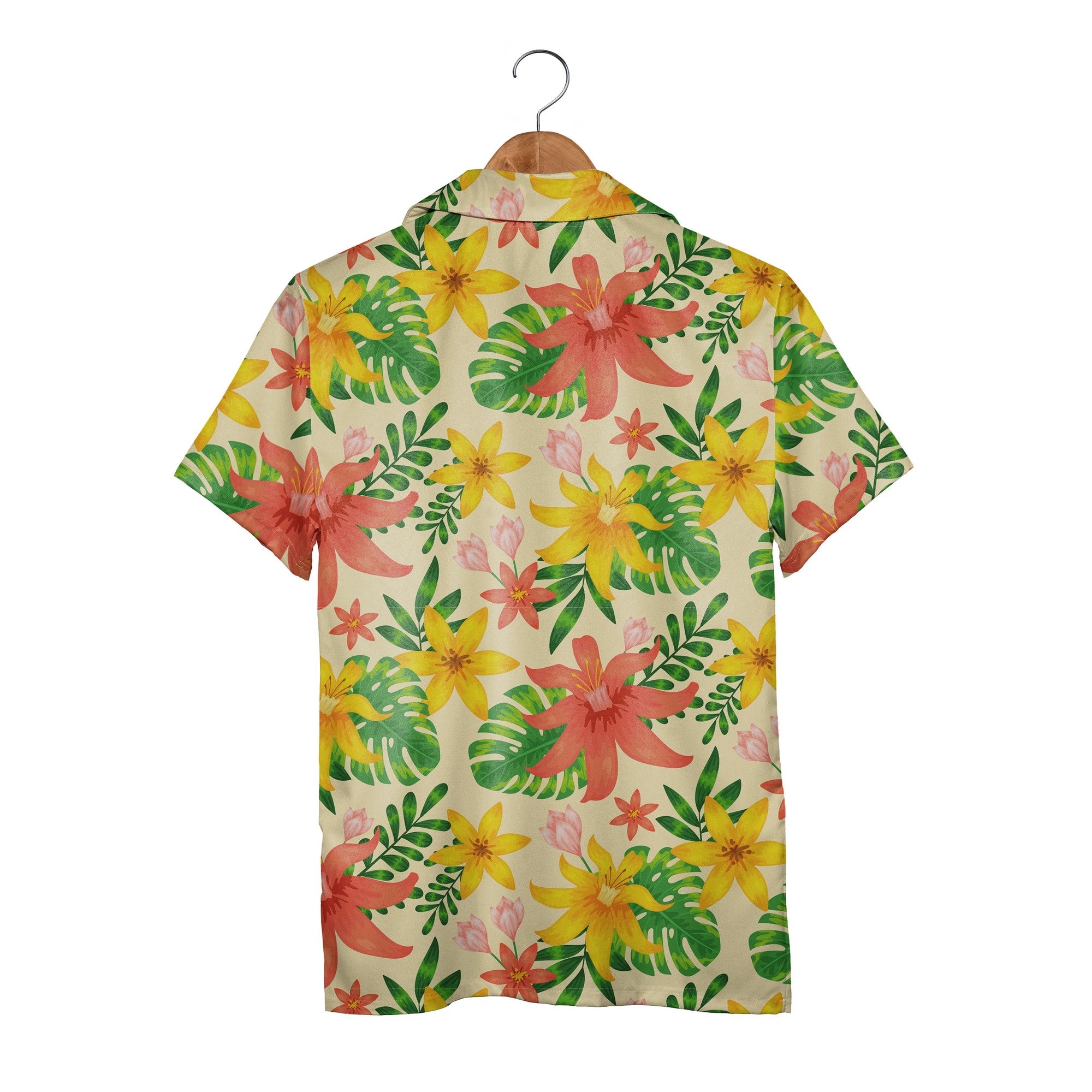 Pale Yellow Pink Hibiscus Hawaiian Shirt with Plumeria and Banana Leaves