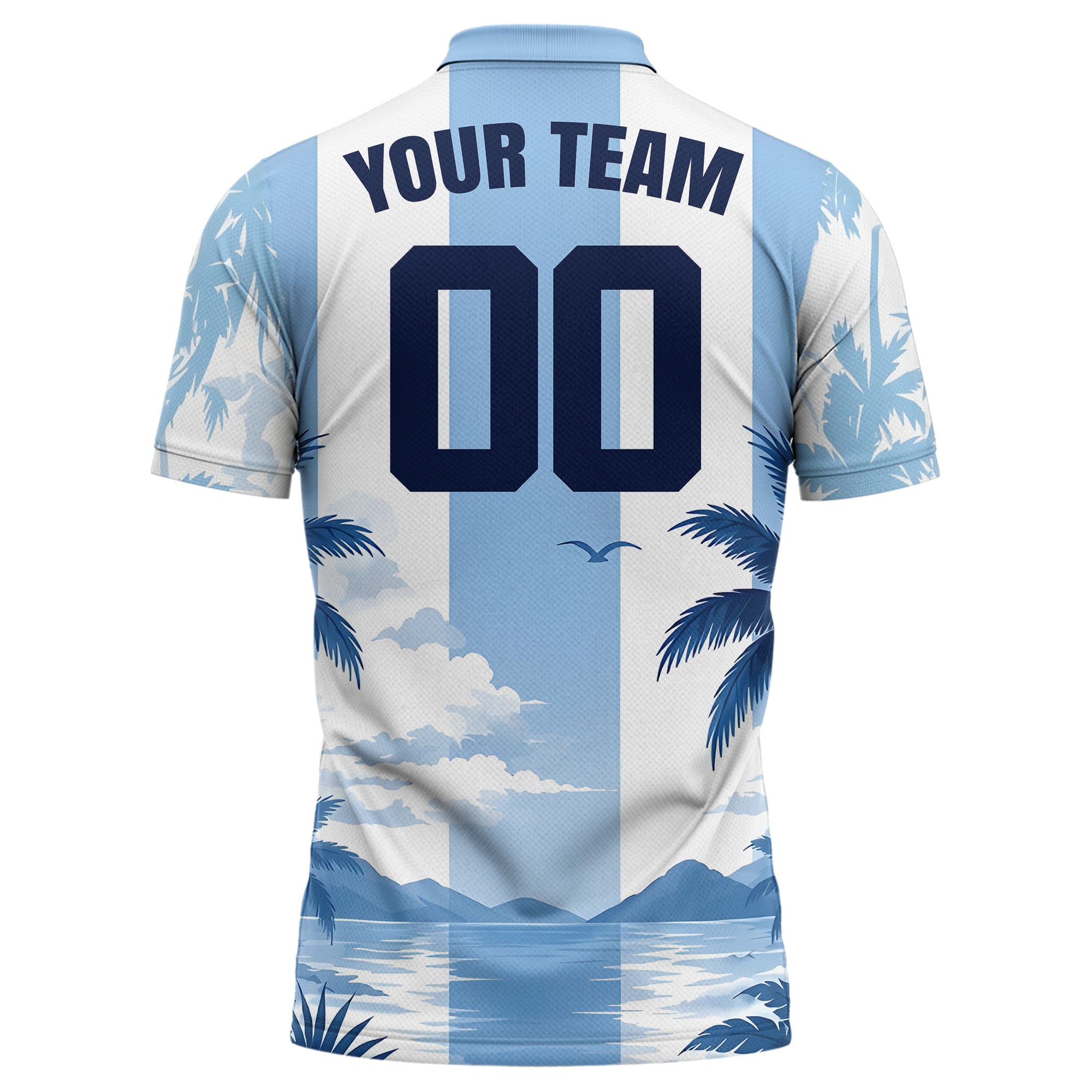 palm trees & seagulls sky blue stripe tropical beach polo shirt