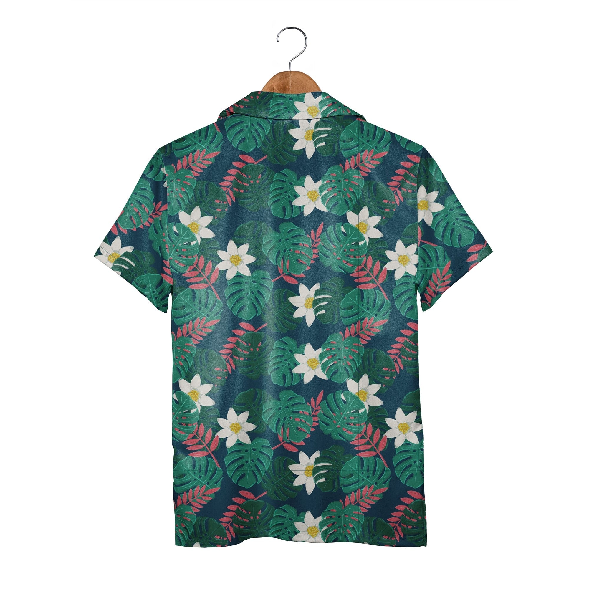 Petrol Blue Hawaiian Shirt with Emerald Monstera and Coral Tropical Flowers