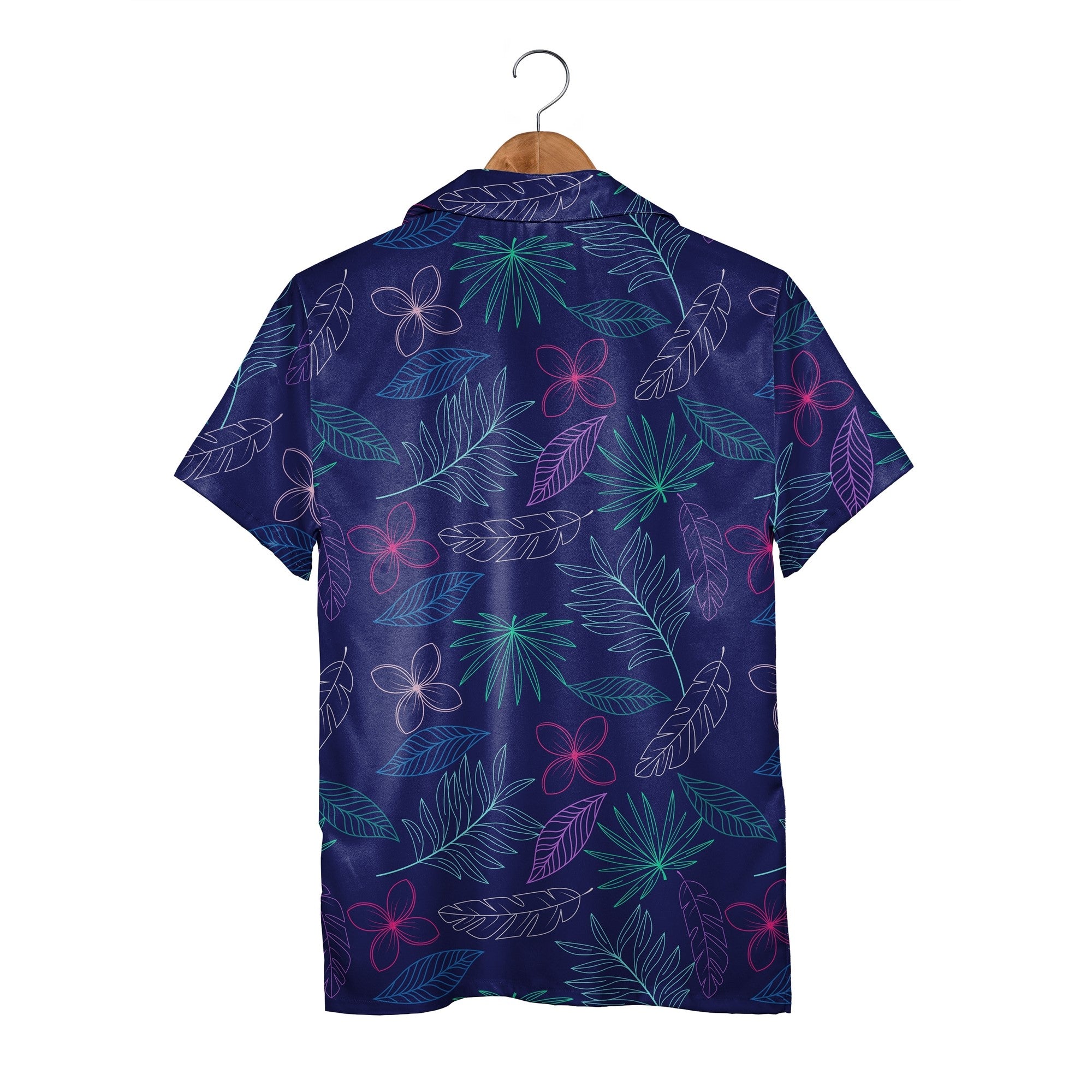 Plumeria Flower Hawaiian Shirt with Fan Palm Leaves in Fuchsia and Cyan