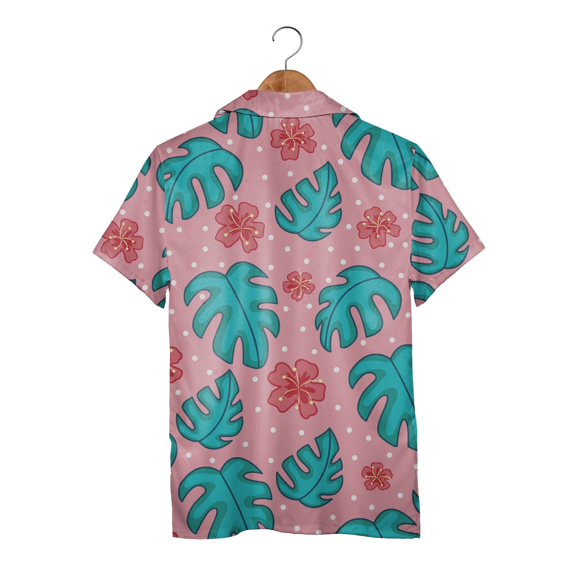 Polka Dot Paradise Hawaiian Shirt with Teal Monstera Leaves