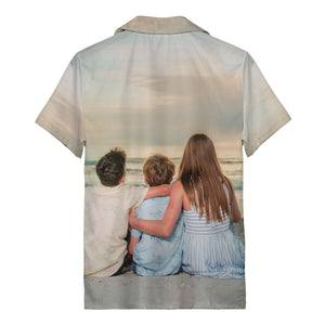 realistic beach family vacation scene hawaiian shirt with sand & surf aloha vibe