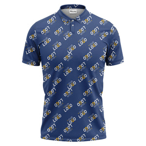 repeating gold logo hawaiian polo shirt with custom text overlay