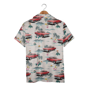 Retro Classic Car Hawaiian Shirt with Mountain Sunset Scene