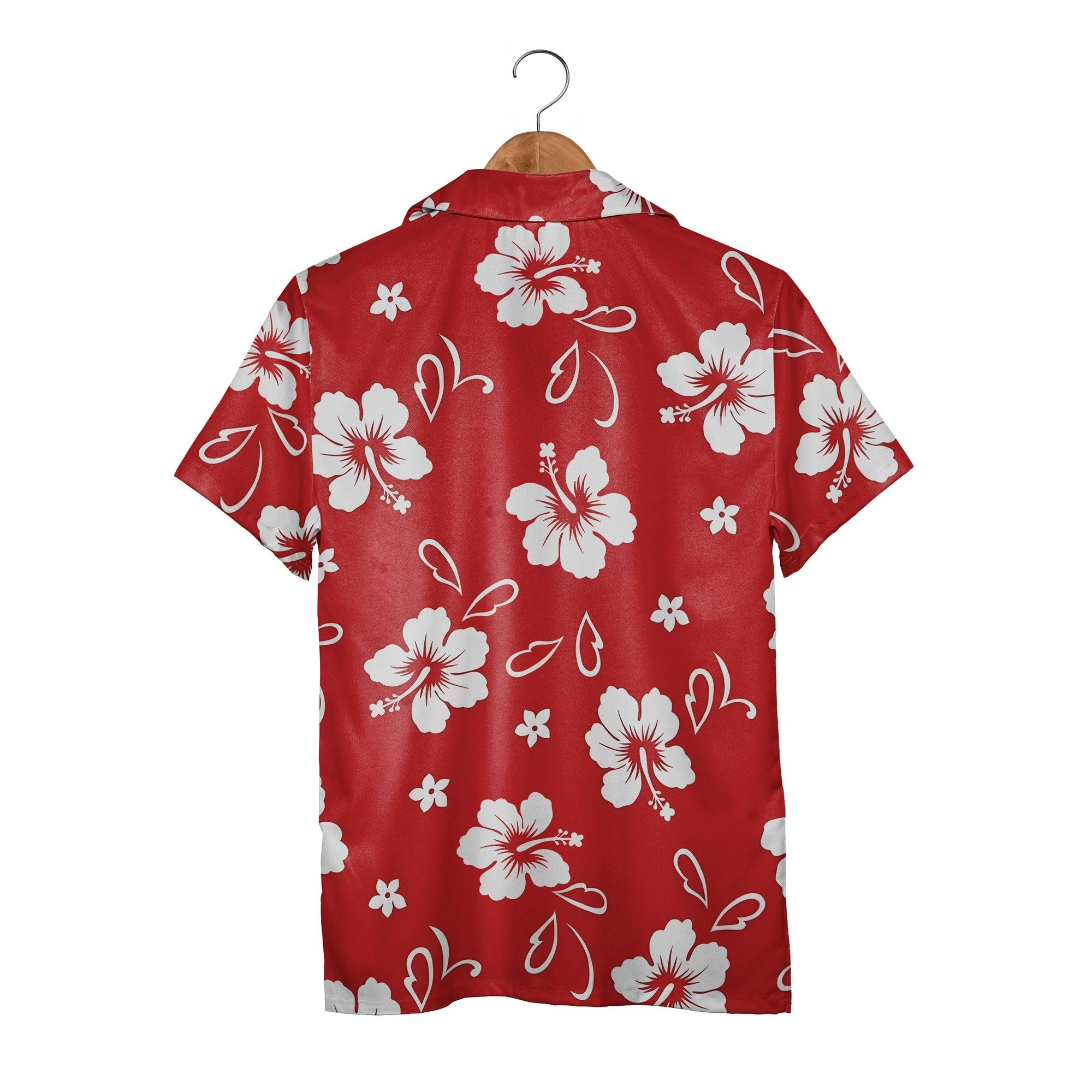Retro Hibiscus Hawaiian Shirt on Wooden Hanger in Vivid Scarlet