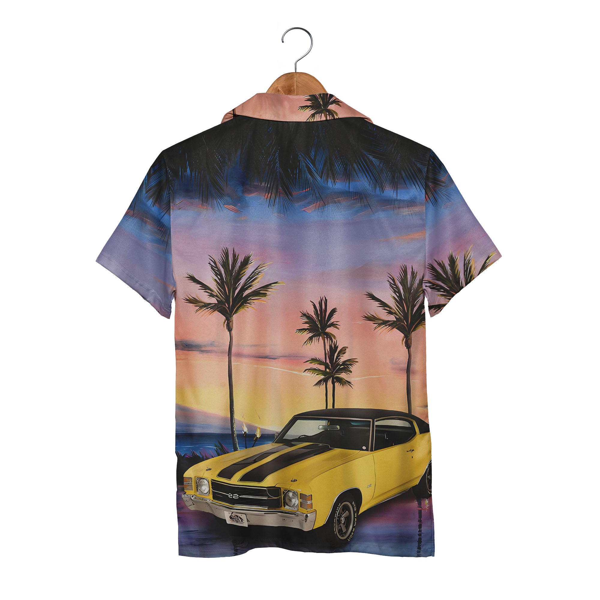 Retro Sunset Muscle Car & Palm Trees Tropical Hawaiian Button Down Shirt Hawaiian Shirt
