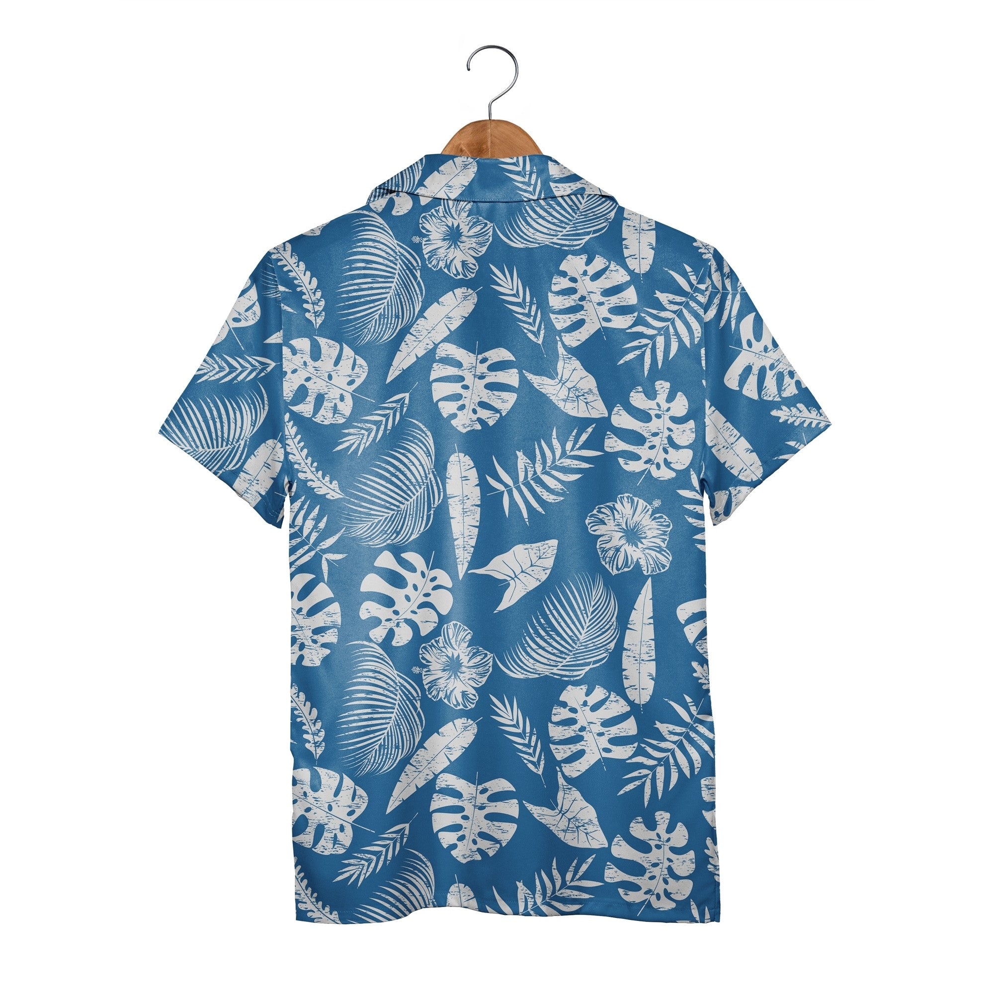 Royal Blue Vintage Distressed Hawaiian Shirt with Monstera and Hibiscus Fern