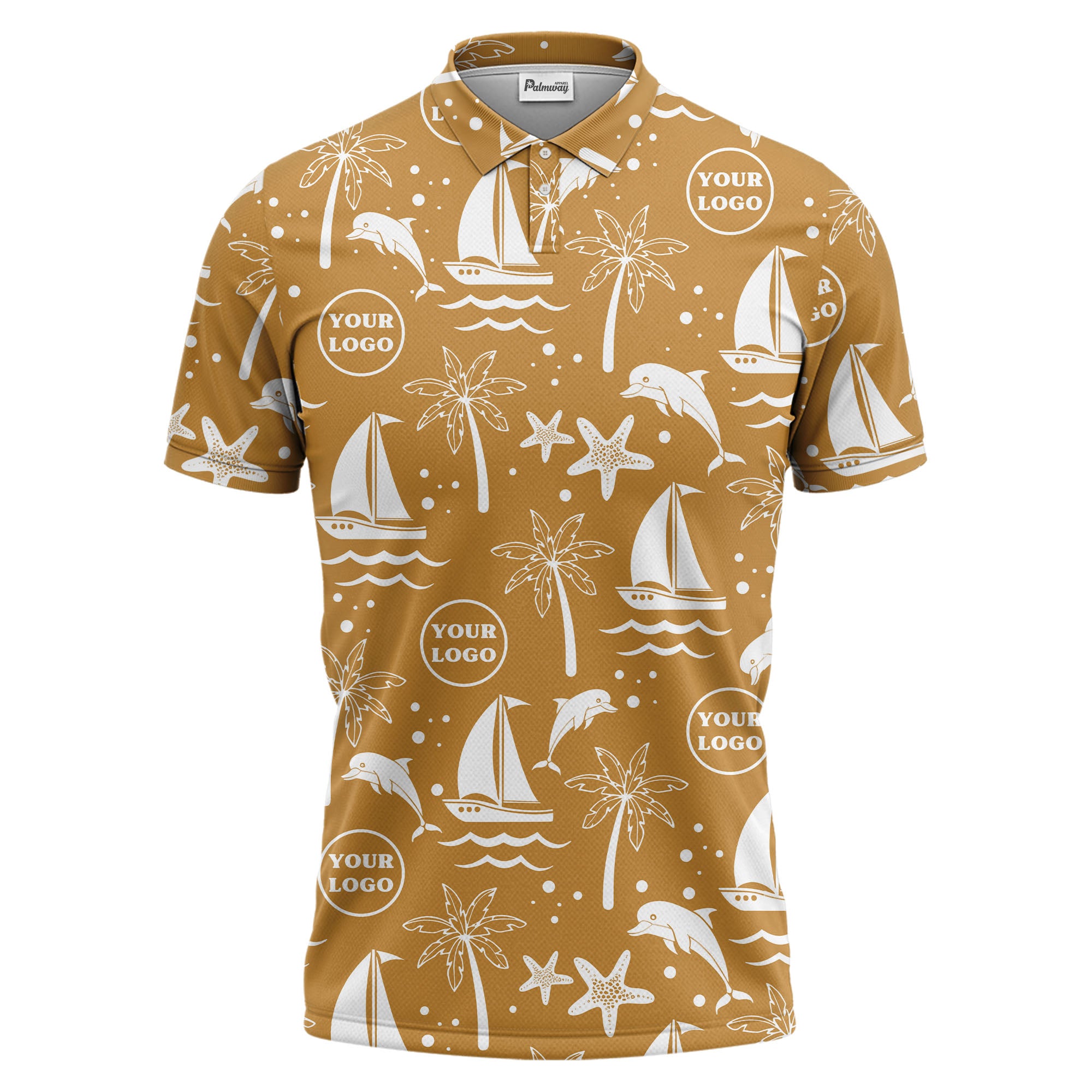 sailboats dolphins palm trees starfish repeat pattern black white polo shirt