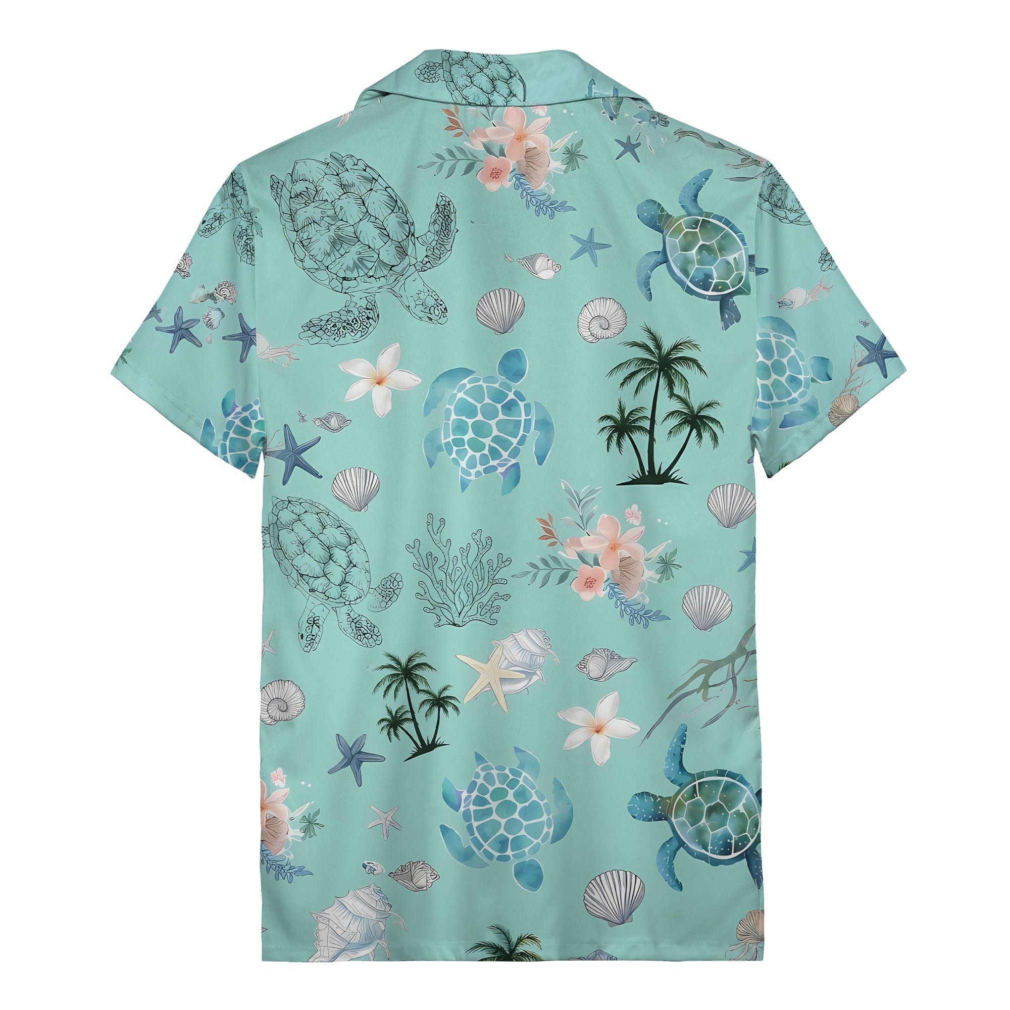 sea turtles swim through coral reef and hibiscus watercolor hawaiian shirt