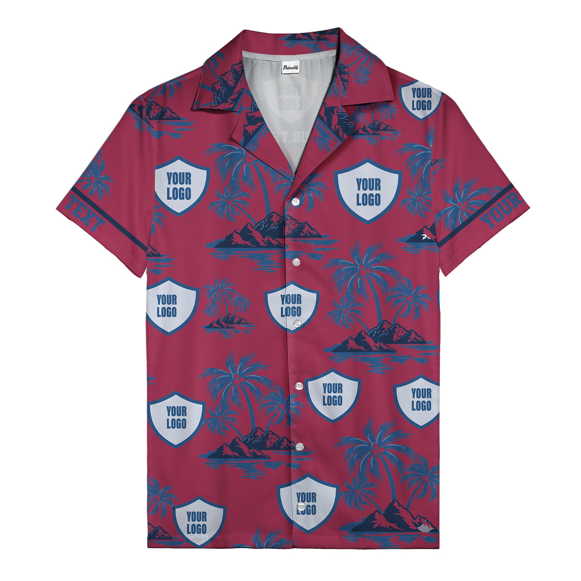 shield logo palm tree island scene navy blue hawaiian shirt for men