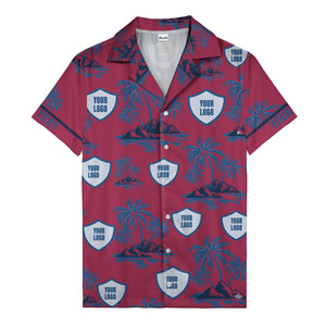 shield logo palm tree island scene navy blue hawaiian shirt for men