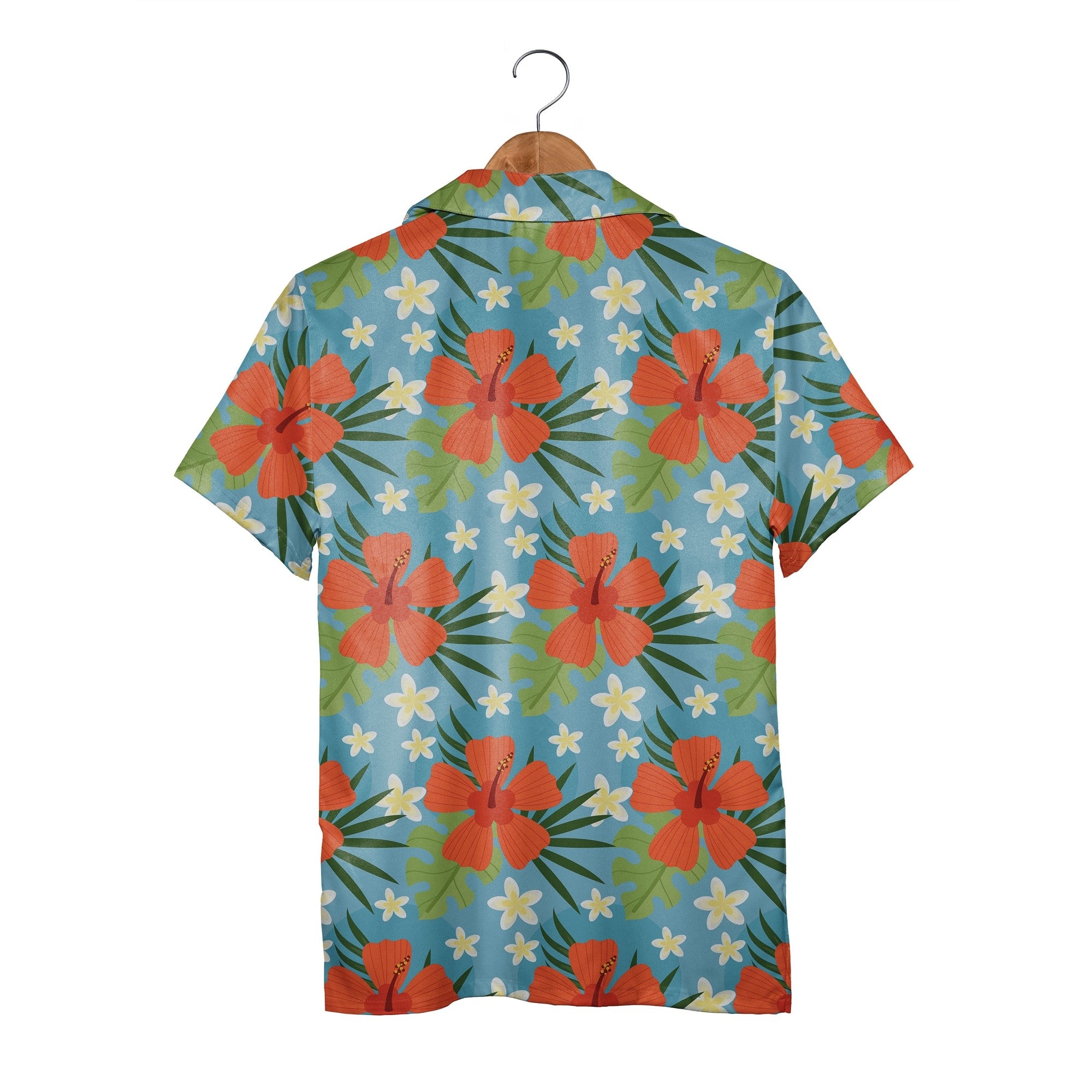 Sky Blue Coral Orange Hibiscus Hawaiian Shirt with Plumeria and Monstera