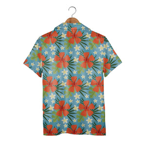 Sky Blue Curved Shape Hibiscus Hawaiian Shirt with Plumeria and Palm Fronds