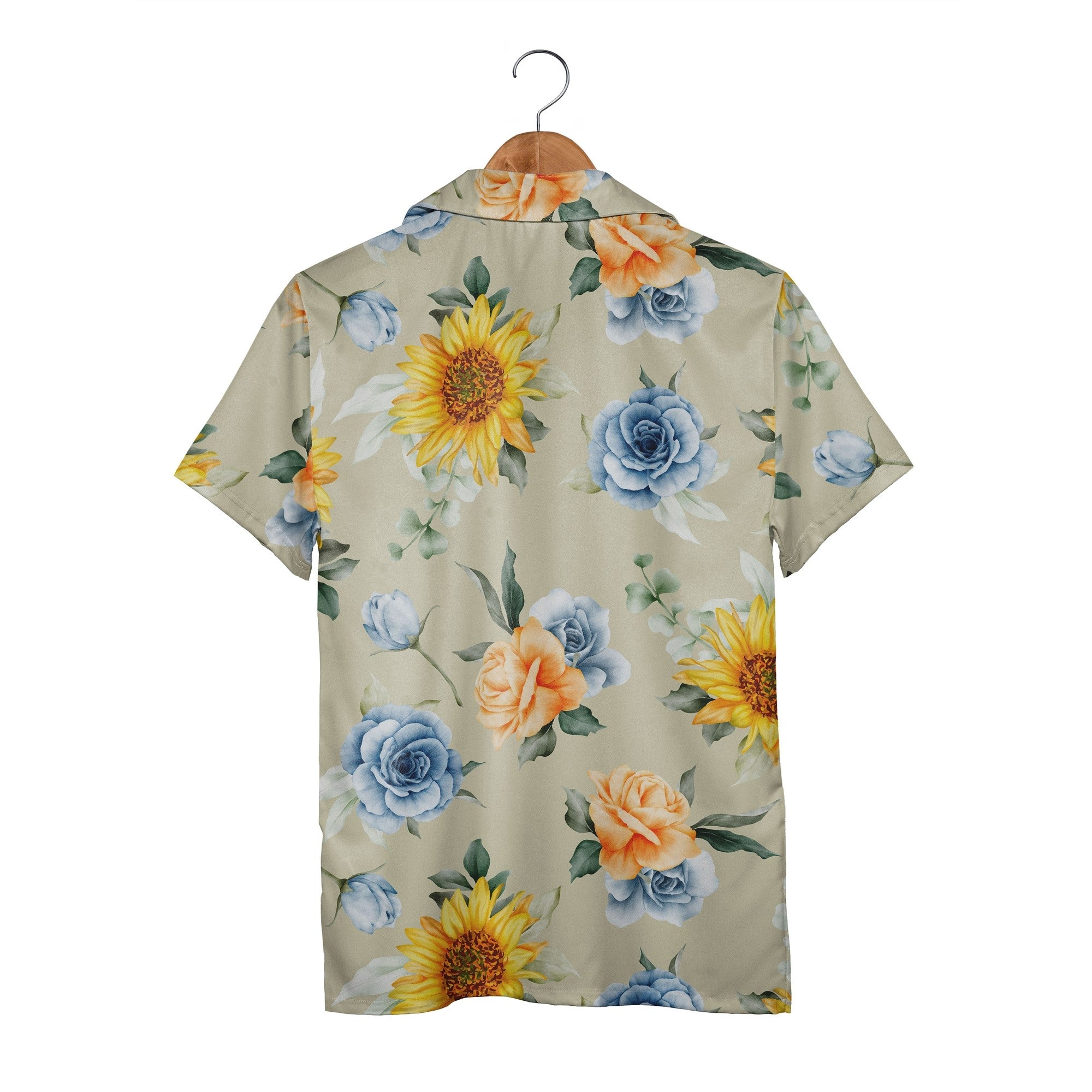 Sunflower and Blue Rose Hawaiian Shirt with Eucalyptus on Khaki Background