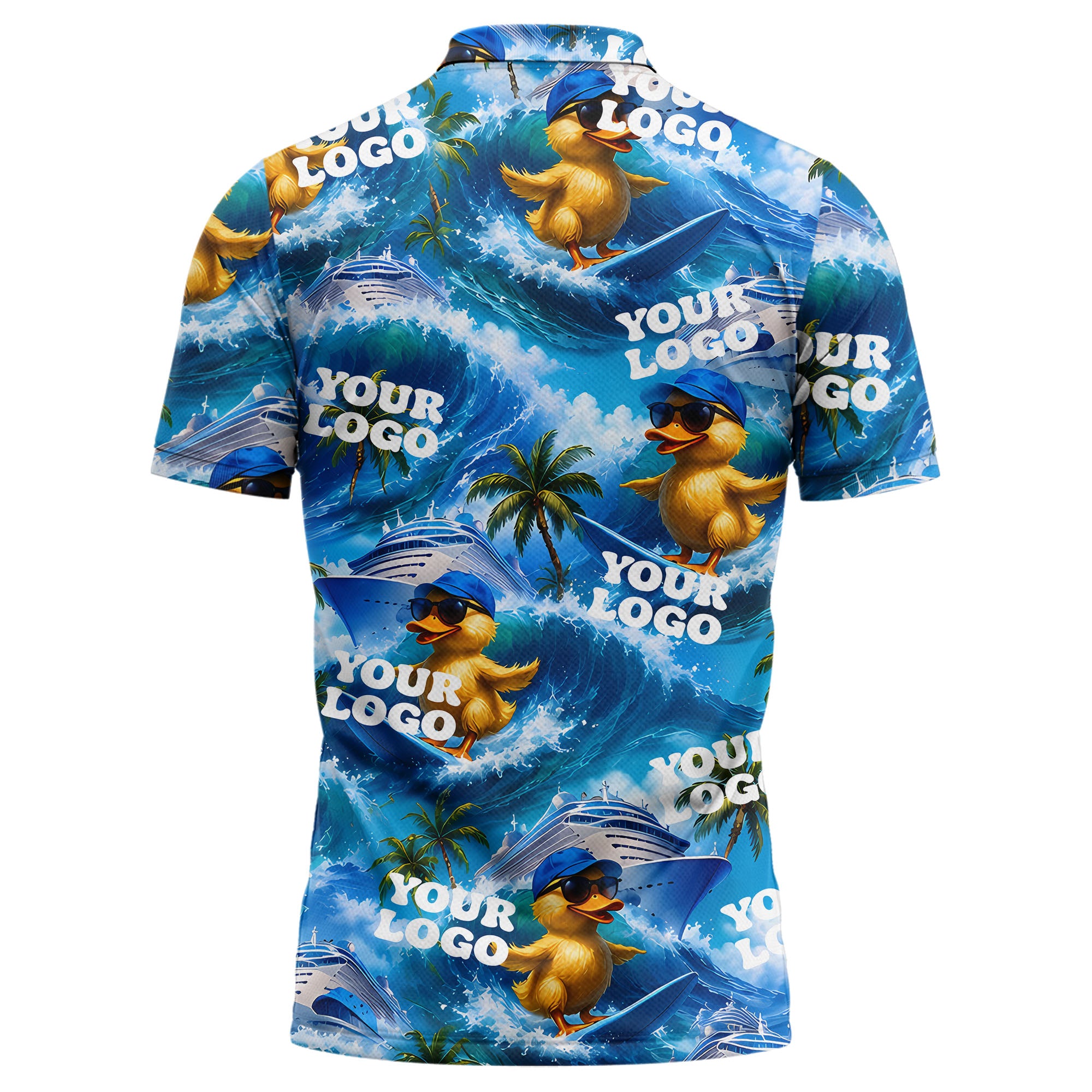 surfing ducks cruise ships palm waves fun cartoon polo shirt for men