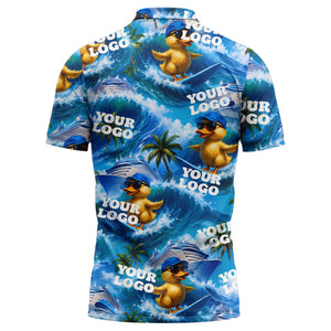 surfing ducks cruise ships palm waves fun cartoon polo shirt for men