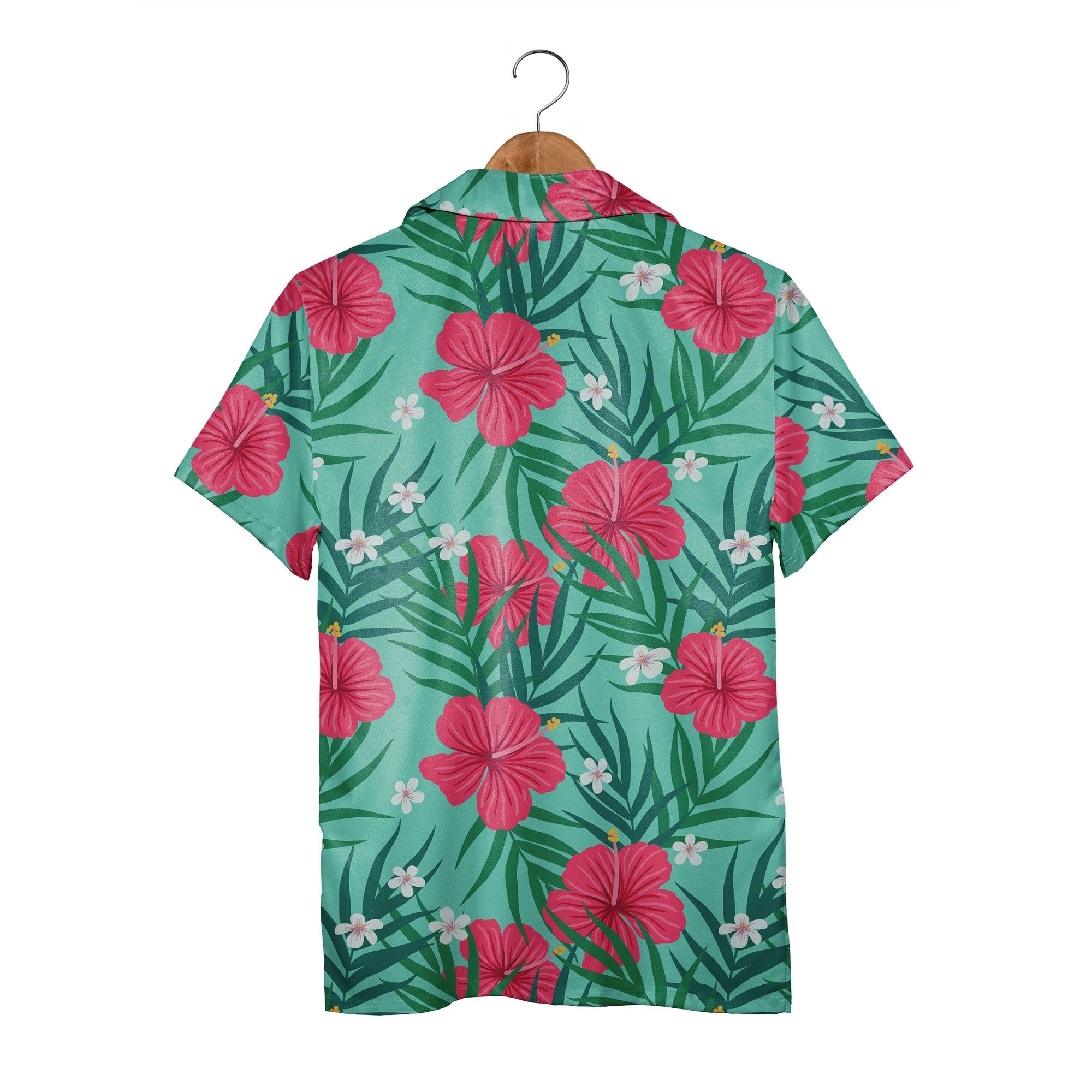 Teal Aqua Hawaiian Shirt with Hot Pink Hibiscus and Palm Leaf Pattern
