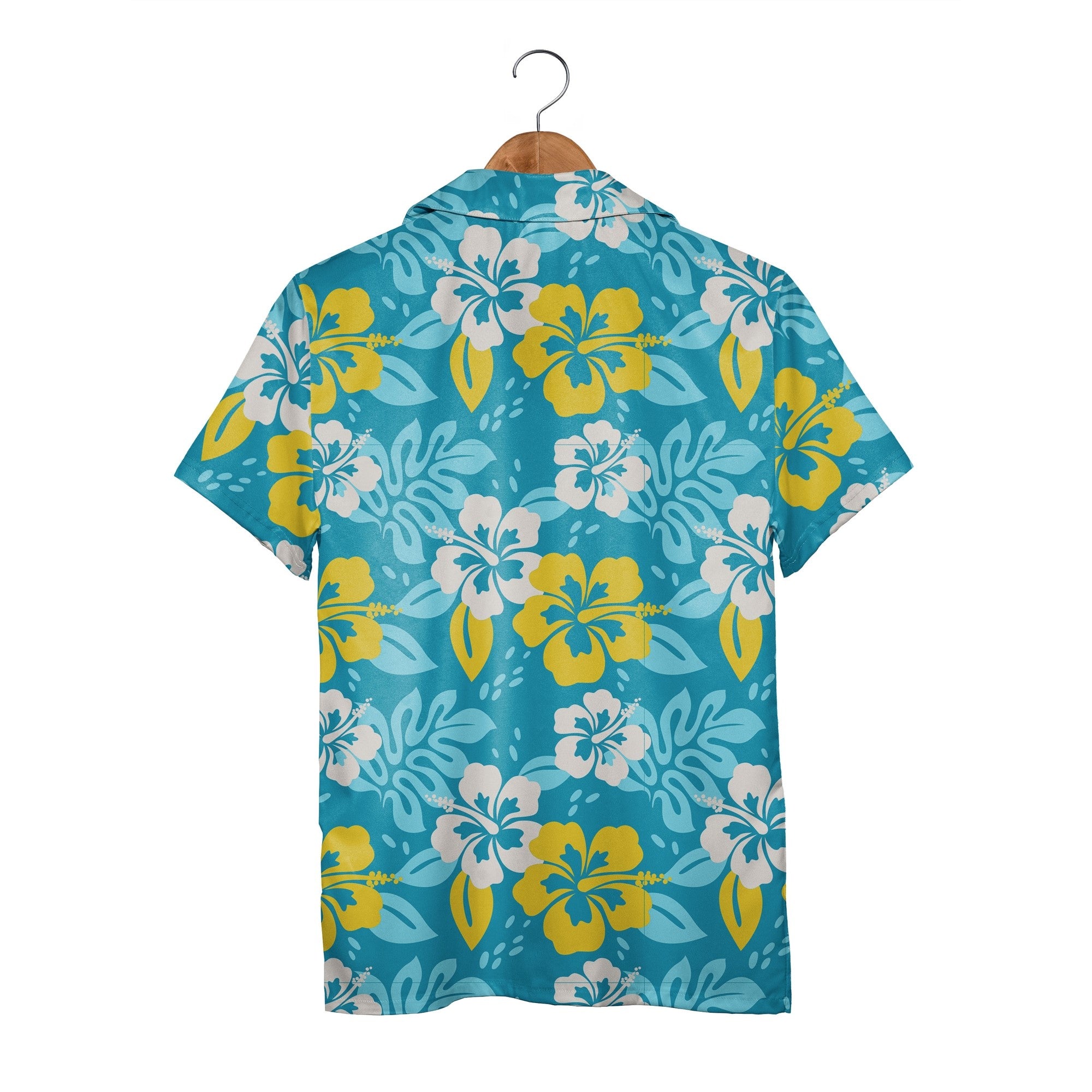 Teal Blue Hawaiian Shirt with Sunny Yellow Hibiscus and Cream Flowers