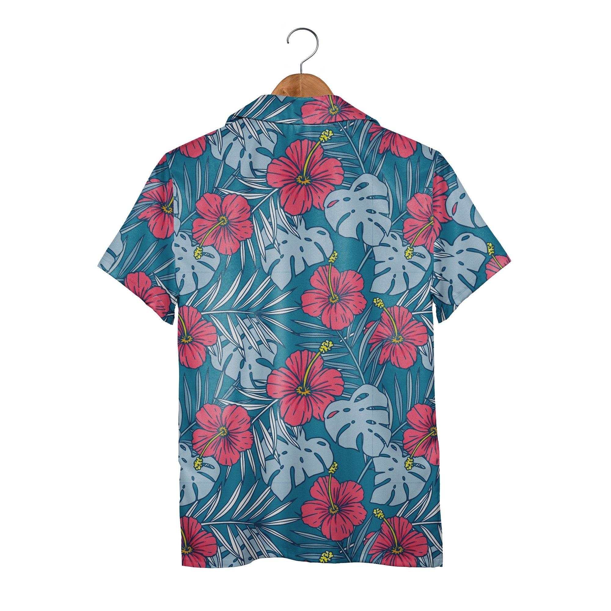 Teal Blue Playful Hibiscus Hawaiian Shirt with Coral Pink and Yellow Blooms