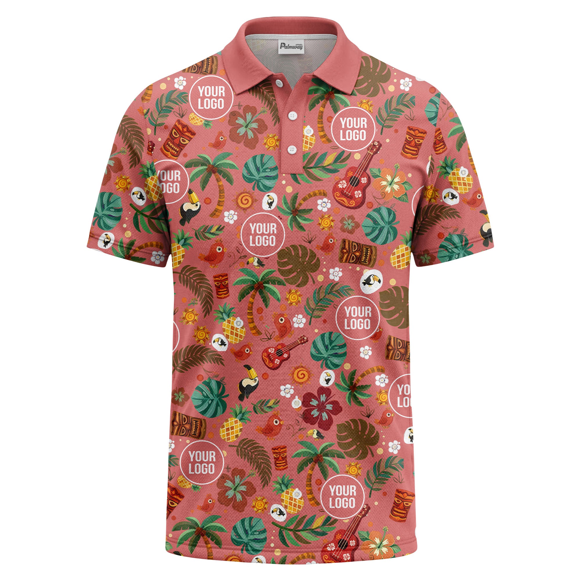 tiki masks palm trees ukuleles watercolor print polo shirt for men